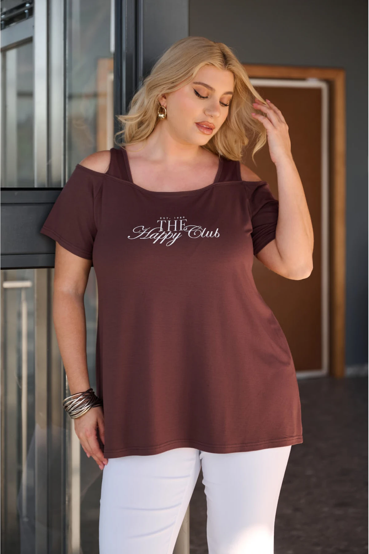 Mπλούζα viscose έξω ώμους τύπωμα Happy καφέ