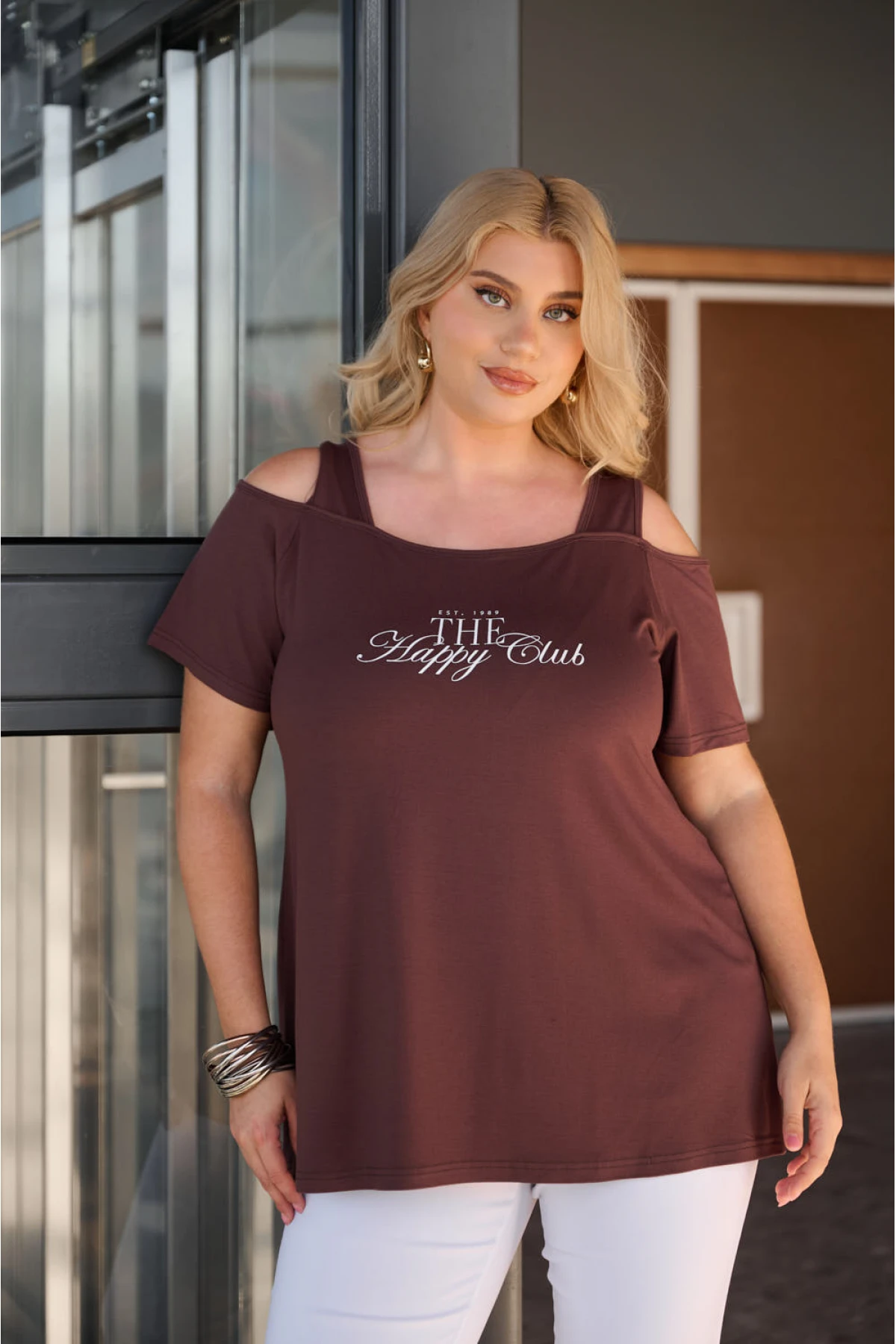 Mπλούζα viscose έξω ώμους τύπωμα Happy καφέ