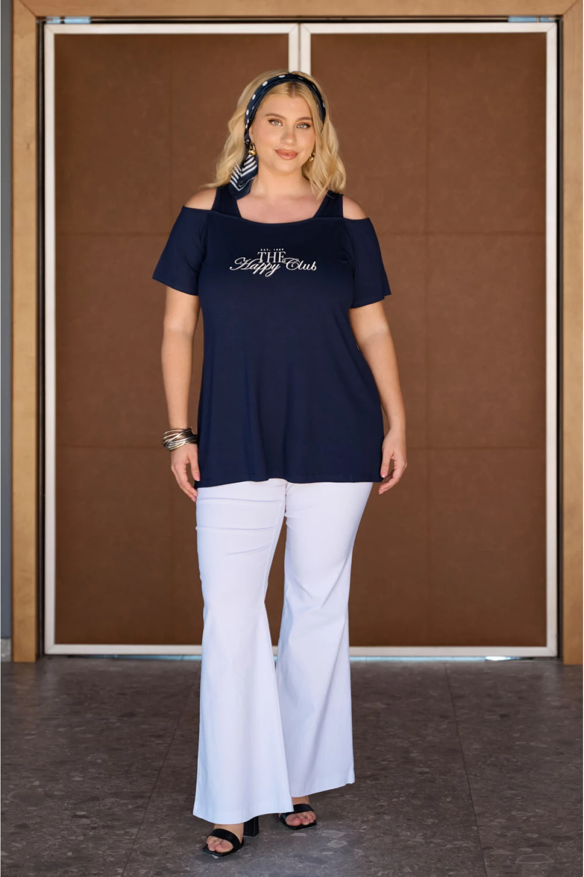 Mπλούζα viscose έξω ώμους τύπωμα Happy μπλε