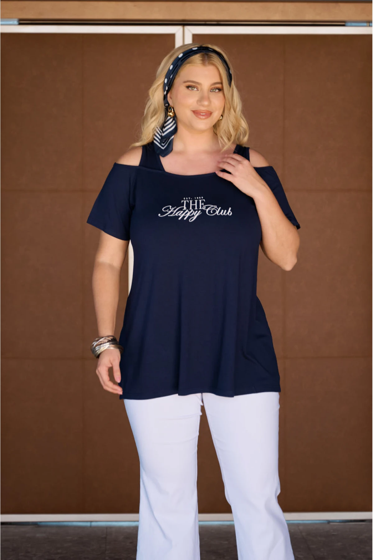 Mπλούζα viscose έξω ώμους τύπωμα Happy μπλε