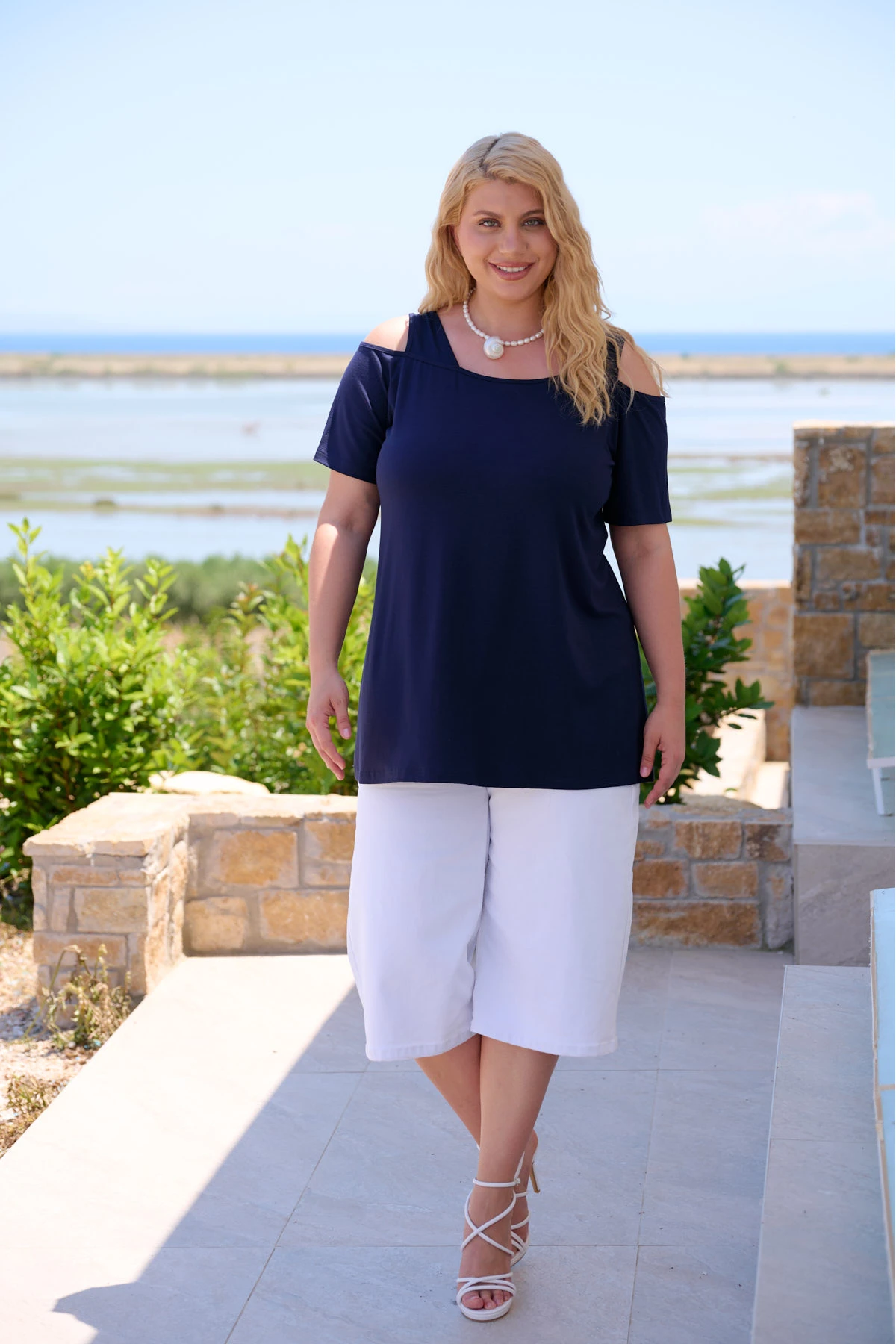 Mπλούζα viscose έξω ώμους μπλε
