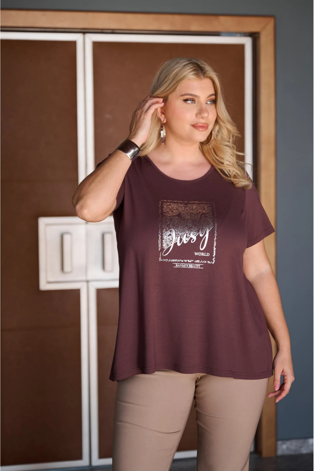 Μπλούζα ελαστική viscose κουφόπιετα με τύπωμα φόιλ Jusy καφέ