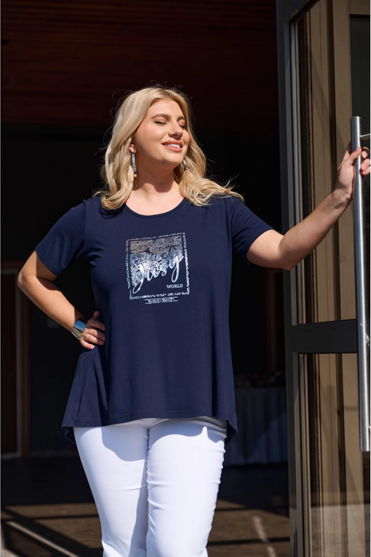 Μπλούζα ελαστική viscose κουφόπιετα με τύπωμα φόιλ Jusy μπλε