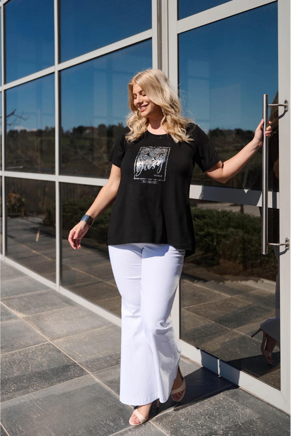 Μπλούζα ελαστική viscose κουφόπιετα με τύπωμα φόιλ Jusy μαύρη