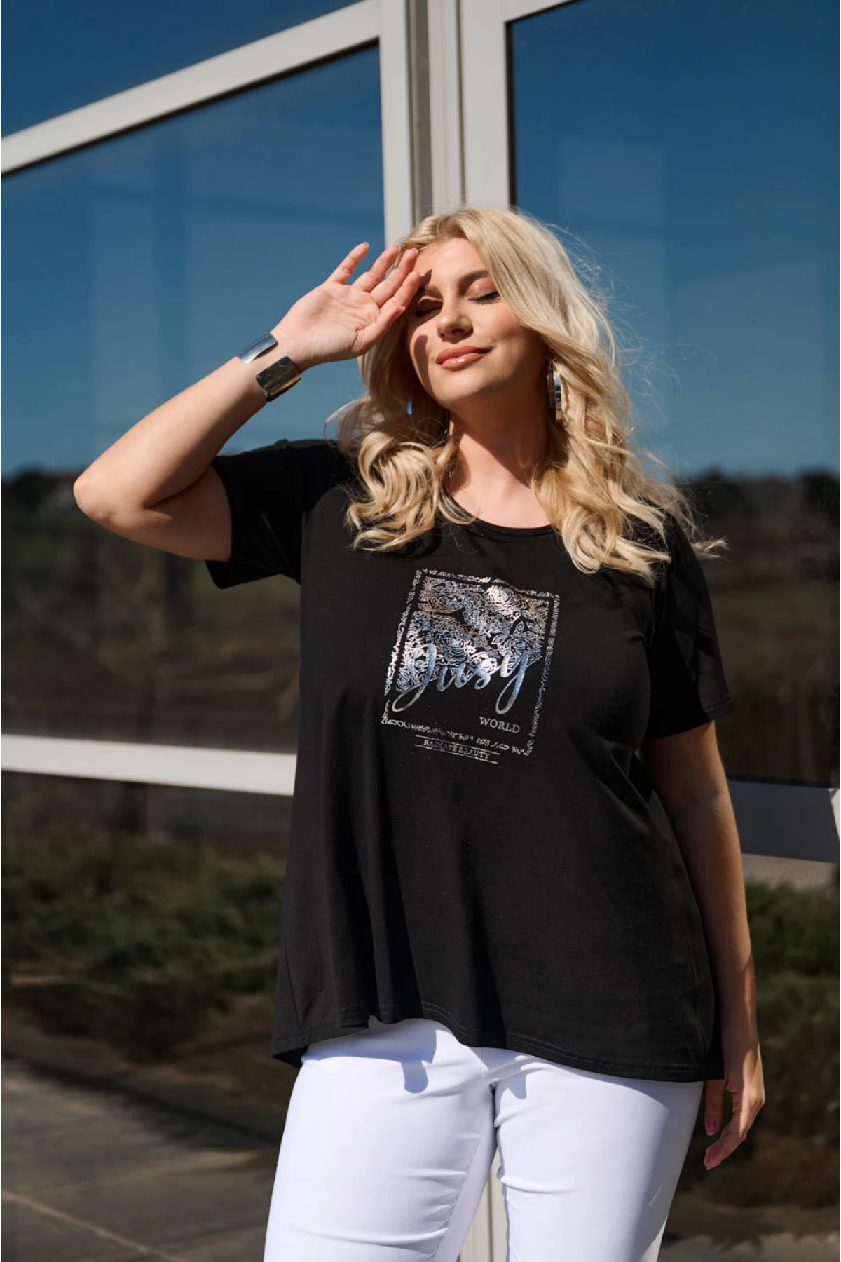 Μπλούζα ελαστική viscose κουφόπιετα με τύπωμα φόιλ Jusy μαύρη