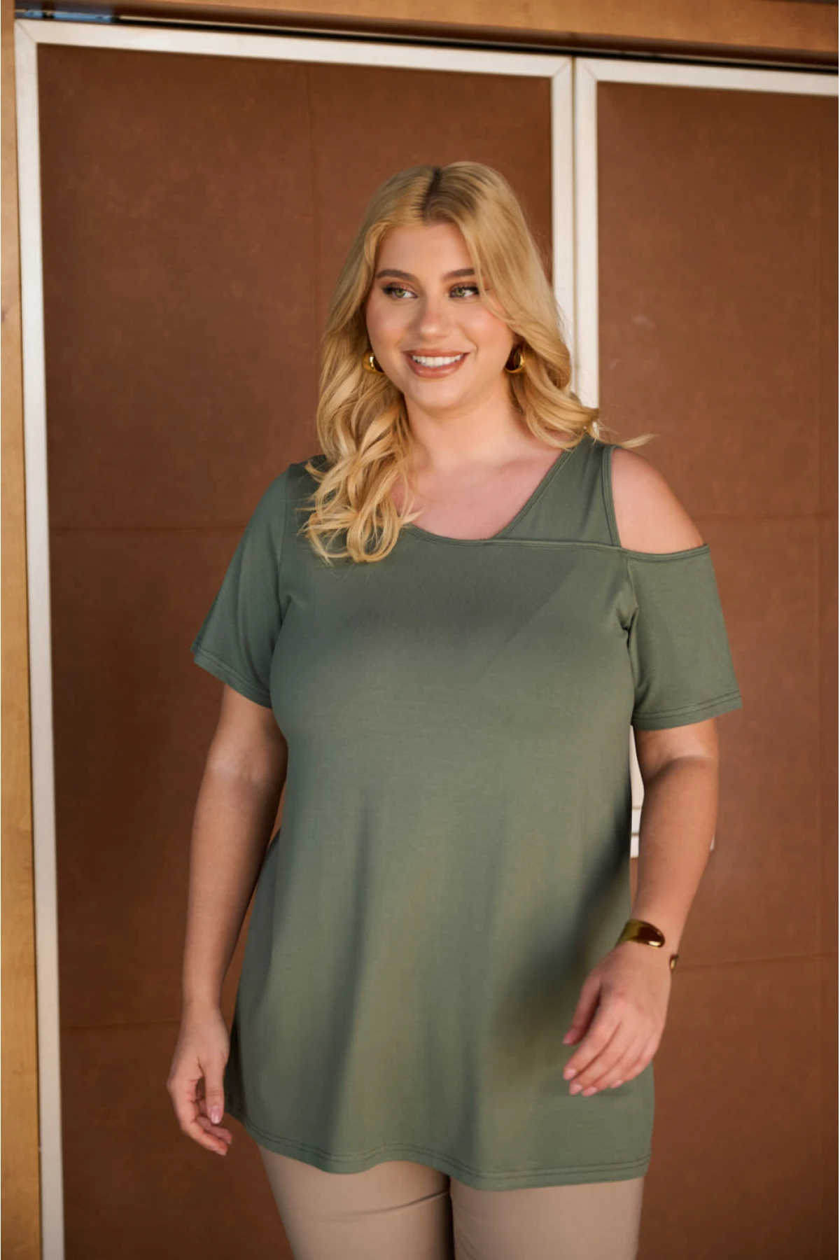 Μπλούζα ελαστική viscose ένας ώμος χακί