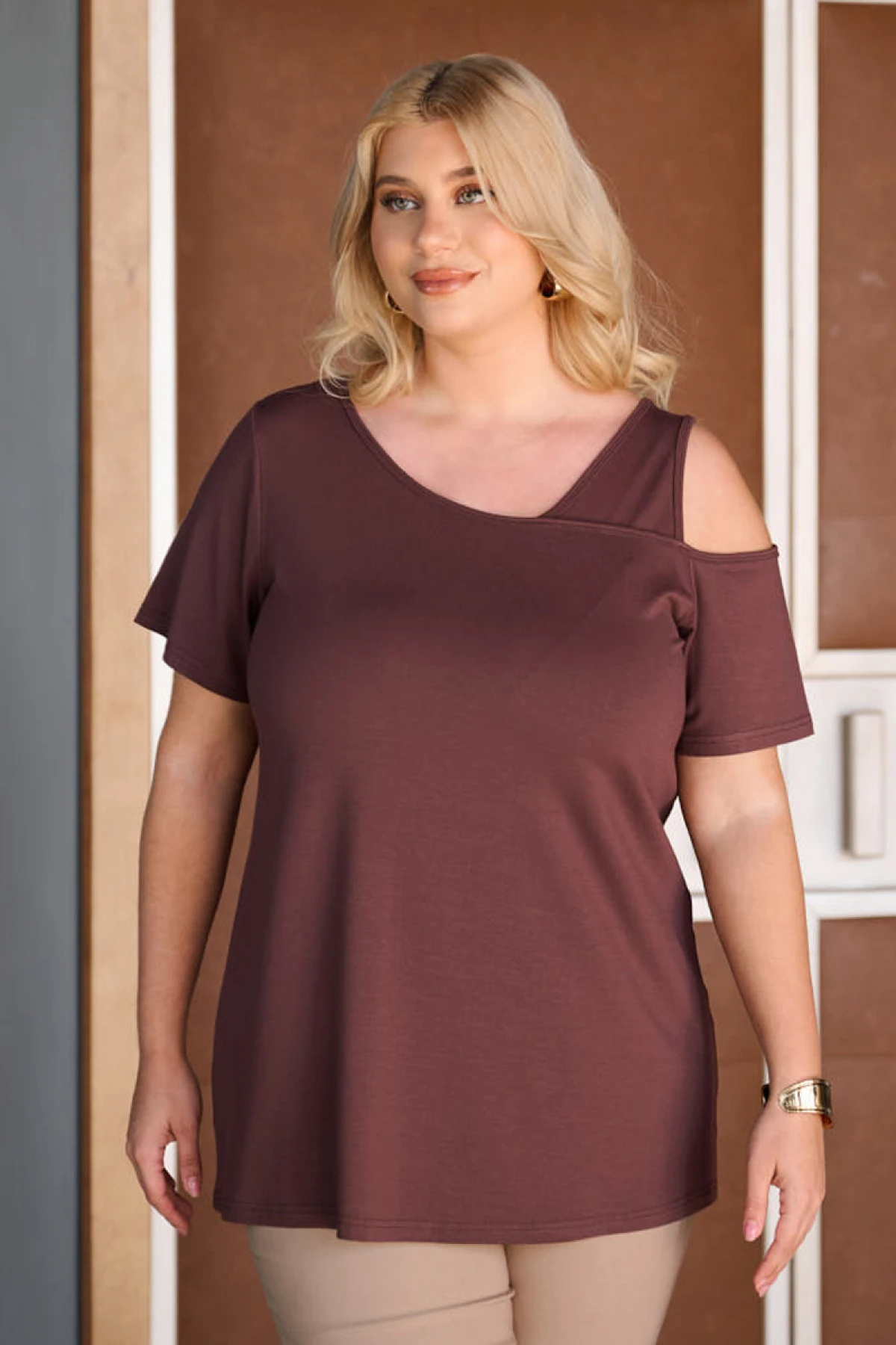 Μπλούζα ελαστική viscose ένας ώμος καφέ