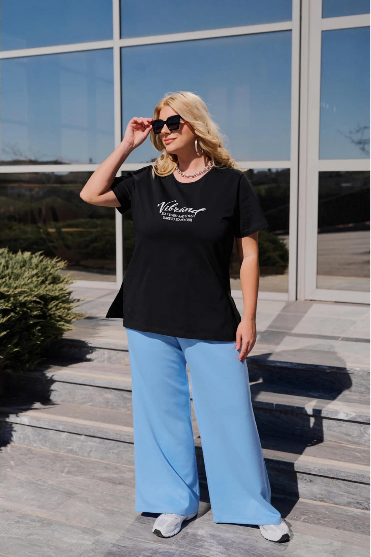 Μπλούζα μακριά βαμβακερή κοντό μανίκι τύπωμα Vibrand μαύρη