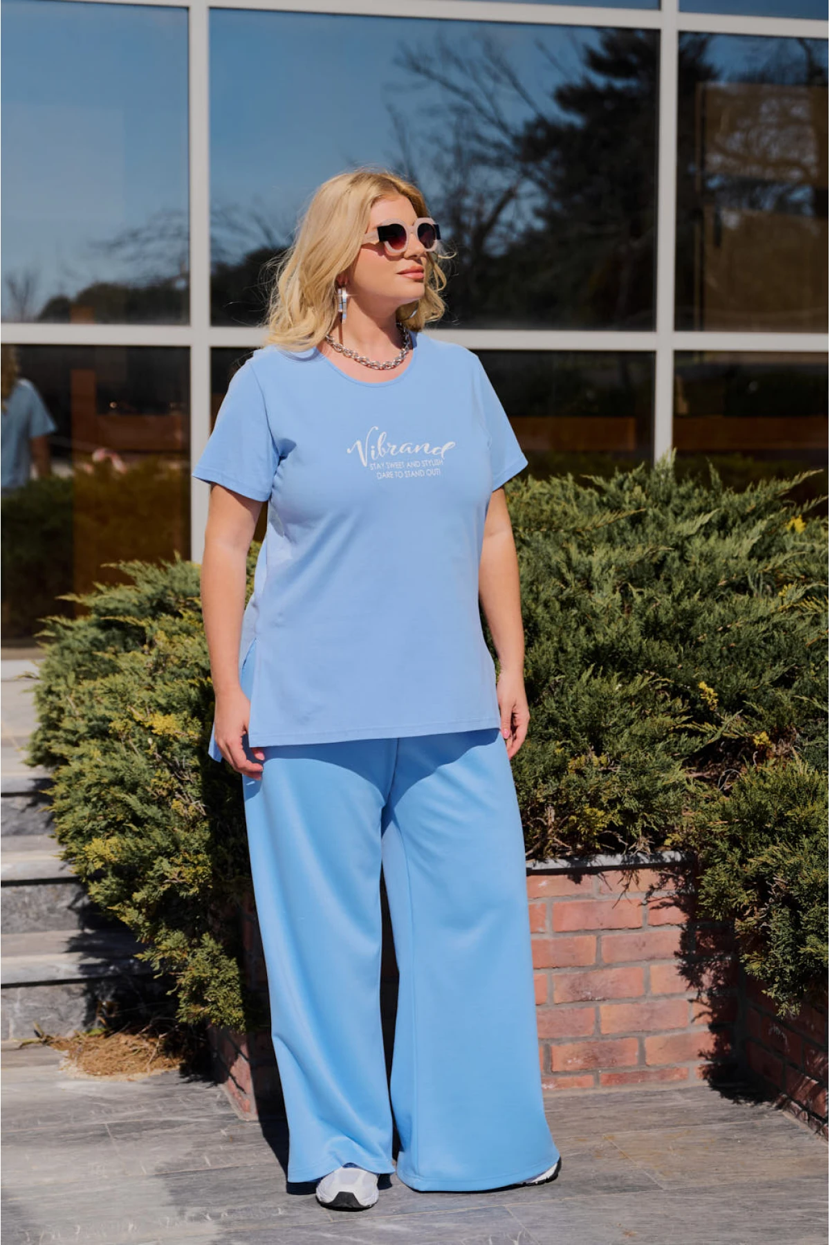 Μπλούζα μακριά βαμβακερή κοντό μανίκι τύπωμα Vibrand γαλάζια