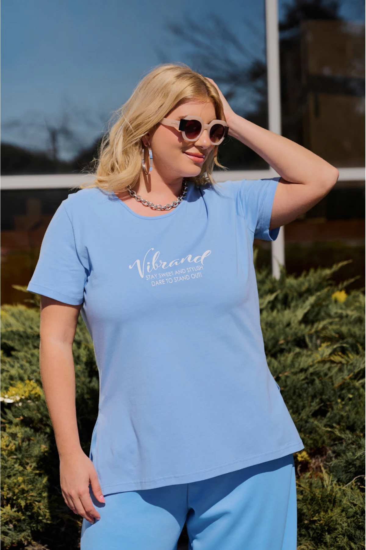 Μπλούζα μακριά βαμβακερή κοντό μανίκι τύπωμα Vibrand γαλάζια