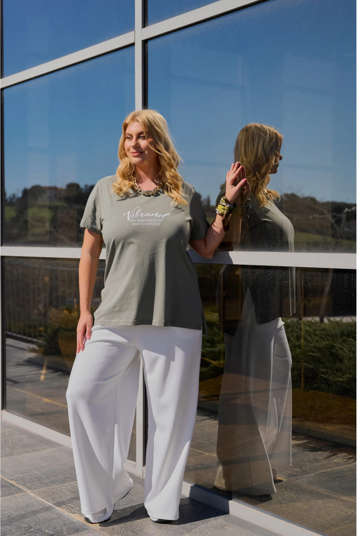 Μπλούζα μακριά βαμβακερή κοντό μανίκι τύπωμα Vibrand χσκί