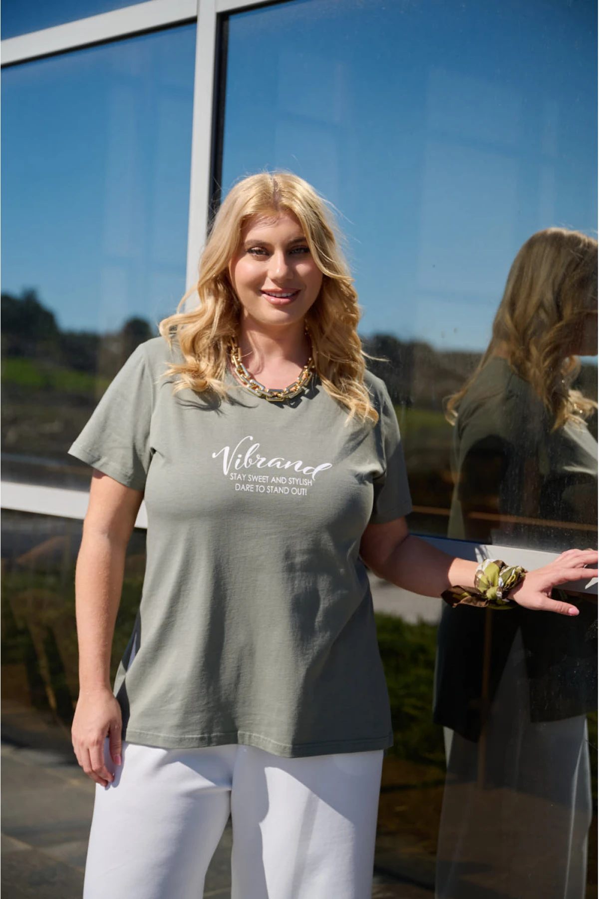 Μπλούζα μακριά βαμβακερή κοντό μανίκι τύπωμα Vibrand χσκί