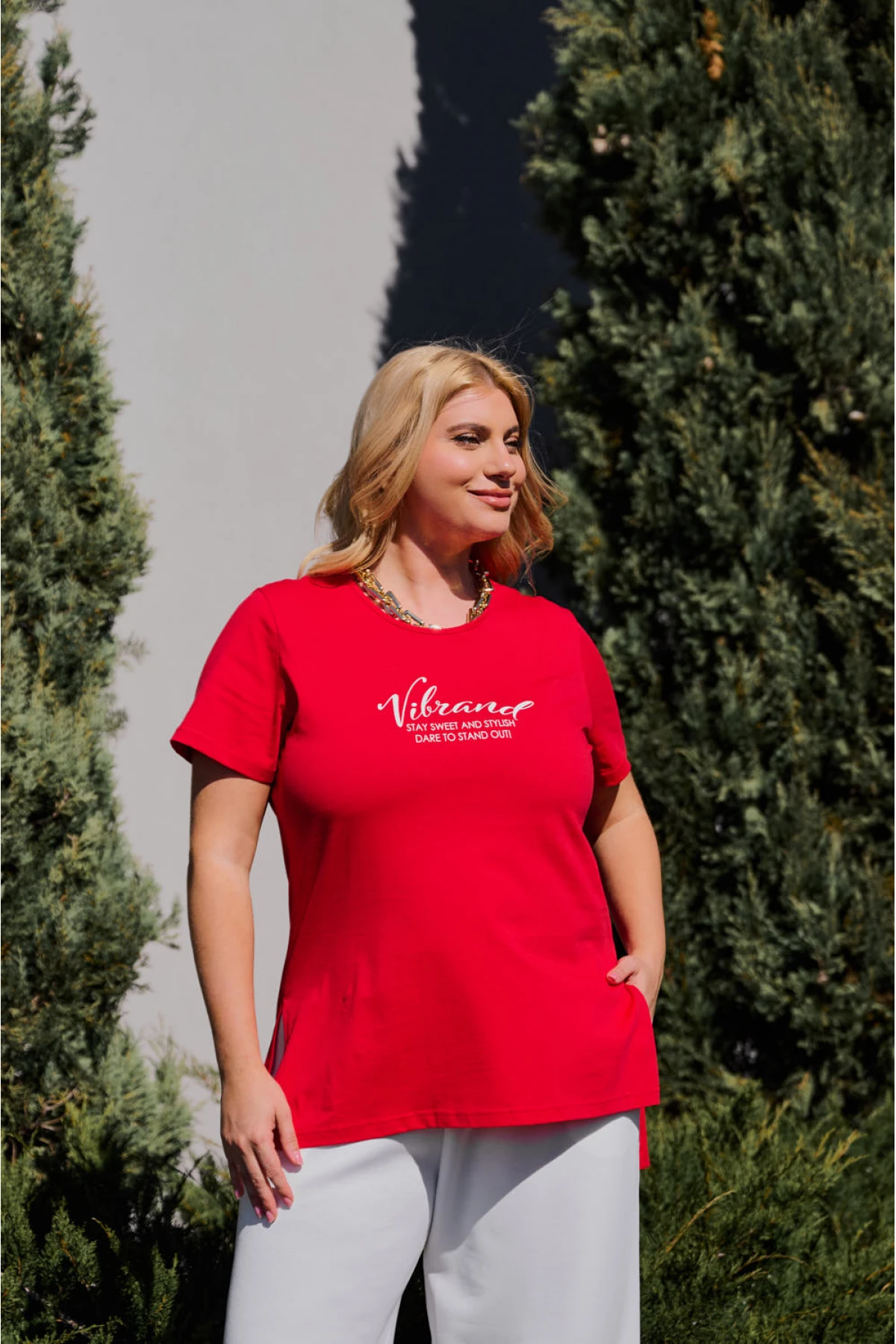 Μπλούζα μακριά βαμβακερή κοντό μανίκι τύπωμα Vibrand κόκκινη