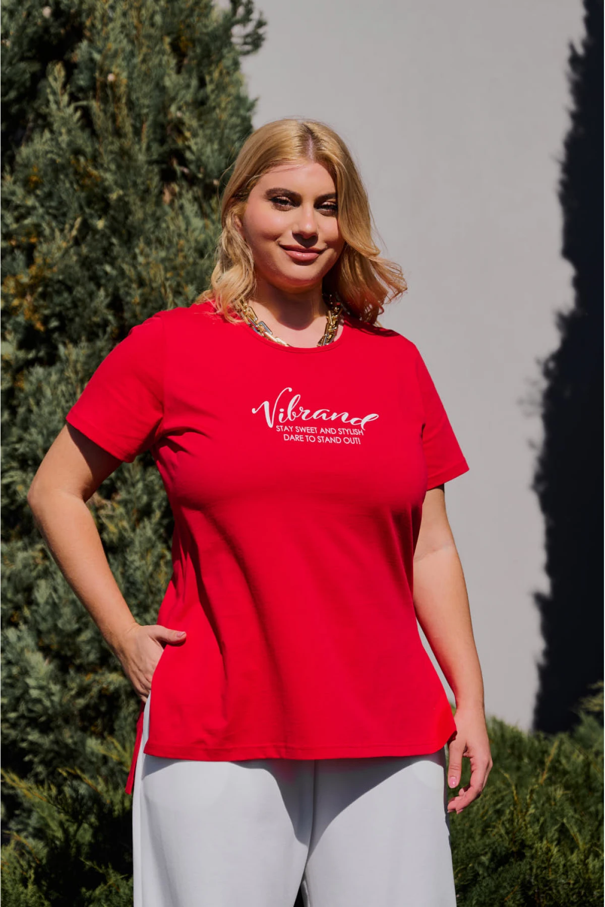 Μπλούζα μακριά βαμβακερή κοντό μανίκι τύπωμα Vibrand κόκκινη