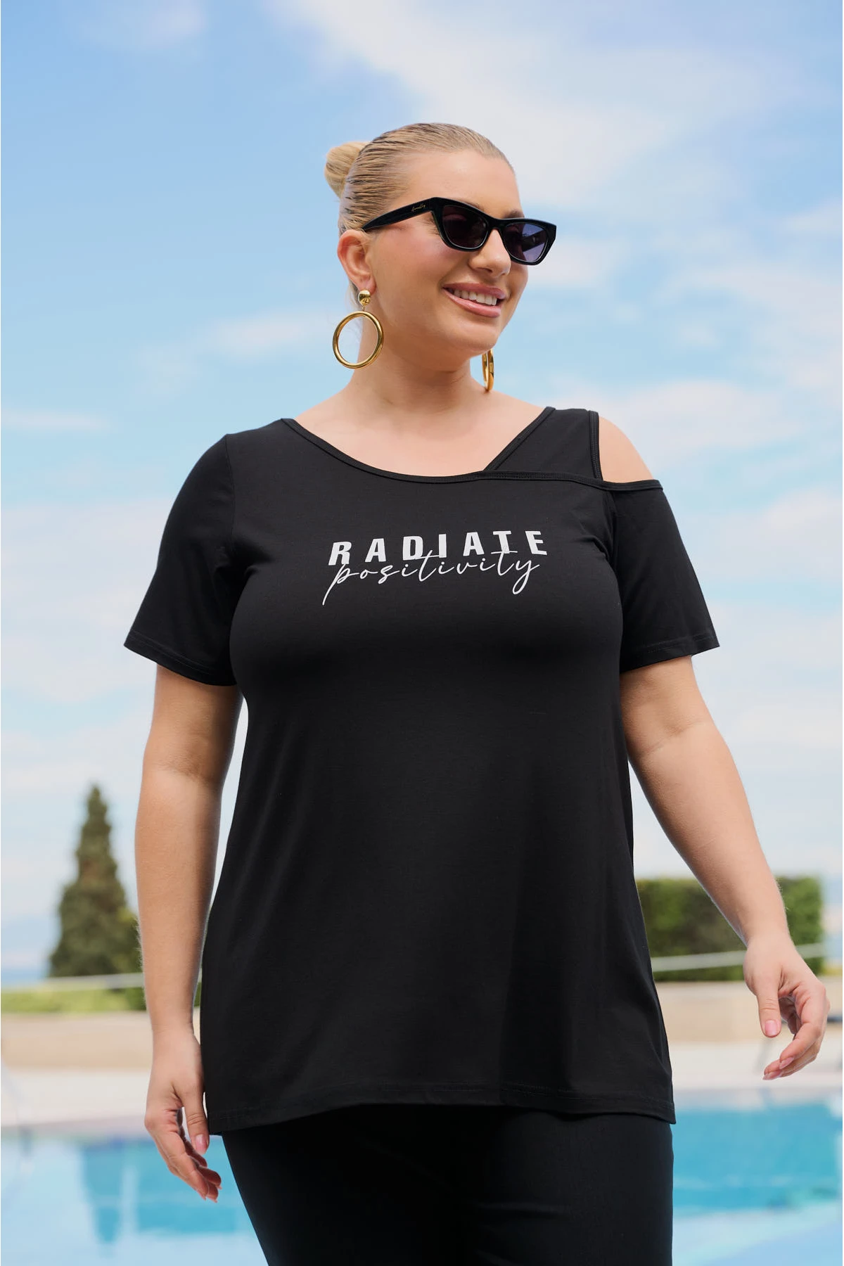 Μπλούζα ελαστική viscose ένας ώμος τύπωμα Radiate μαύρη