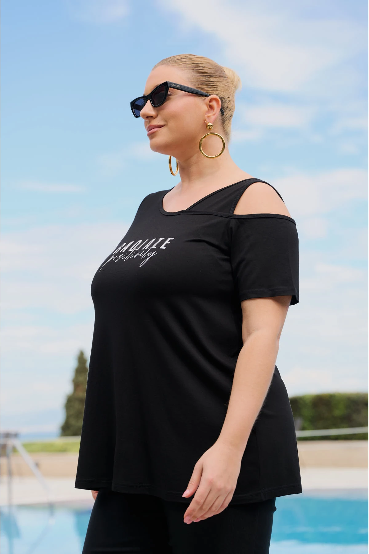 Μπλούζα ελαστική viscose ένας ώμος τύπωμα Radiate μαύρη