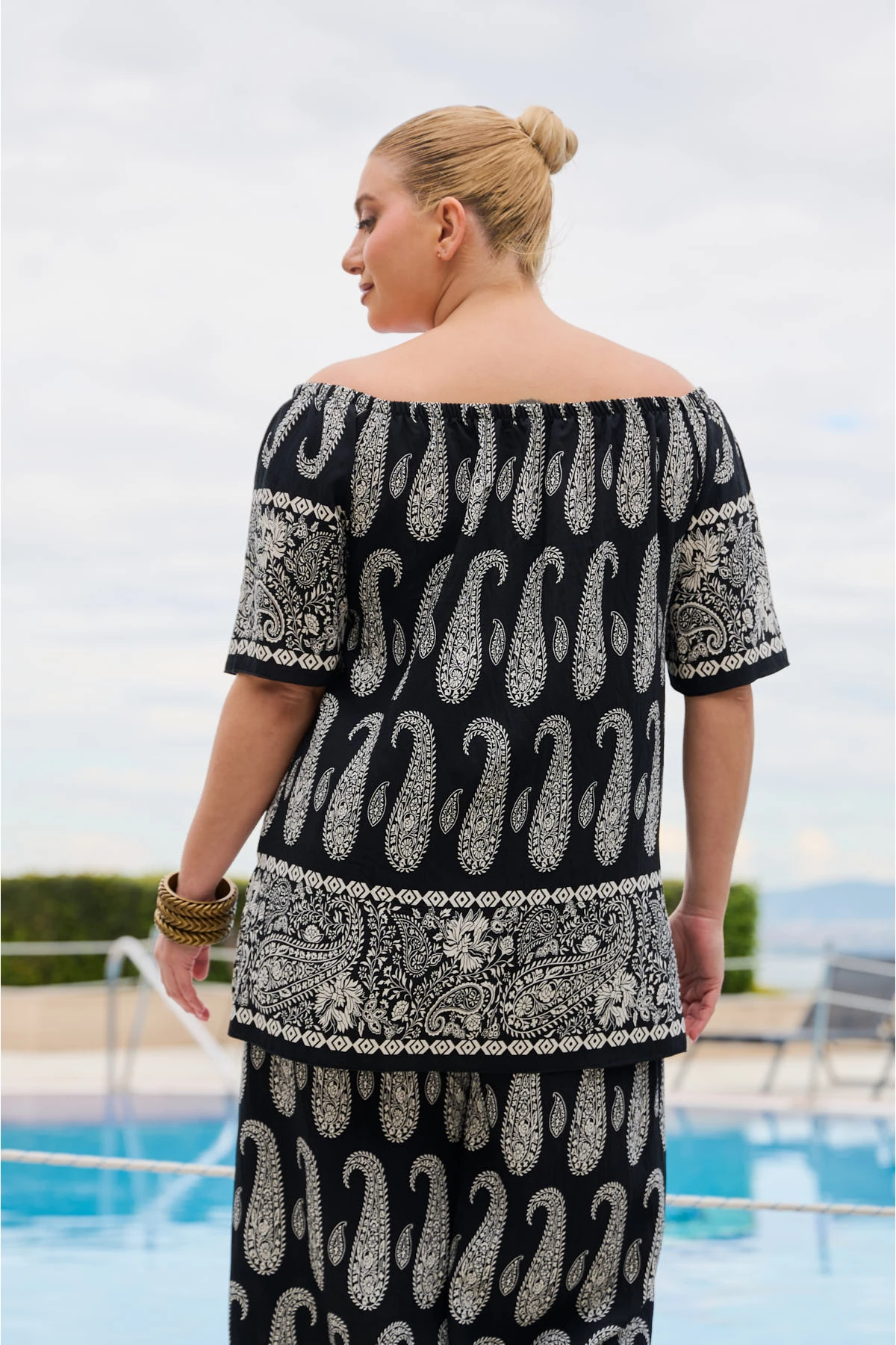 Μπλούζα resort rayon έξω ώμοι κοντό μανίκι τύπωμα ραπόρτο λαχούρ