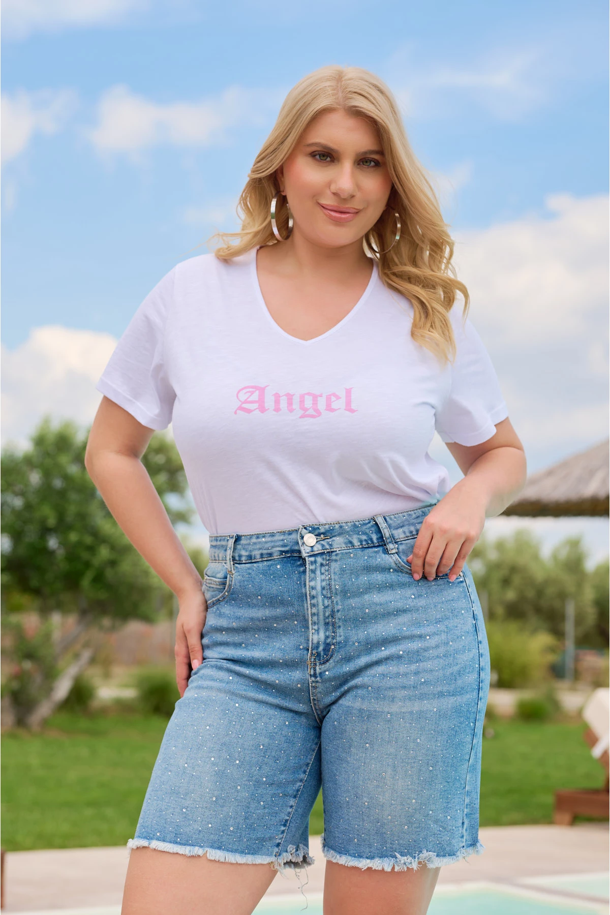 Μπλούζα V βαμβακερή κοντό μανίκι τύπωμα angel λευκή