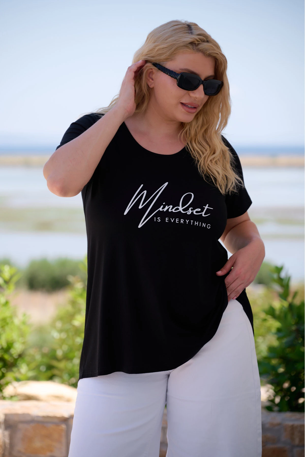 Μπλούζα ελαστική viscose κουφόπιετα με τύπωμα Mindset  μαύρη
