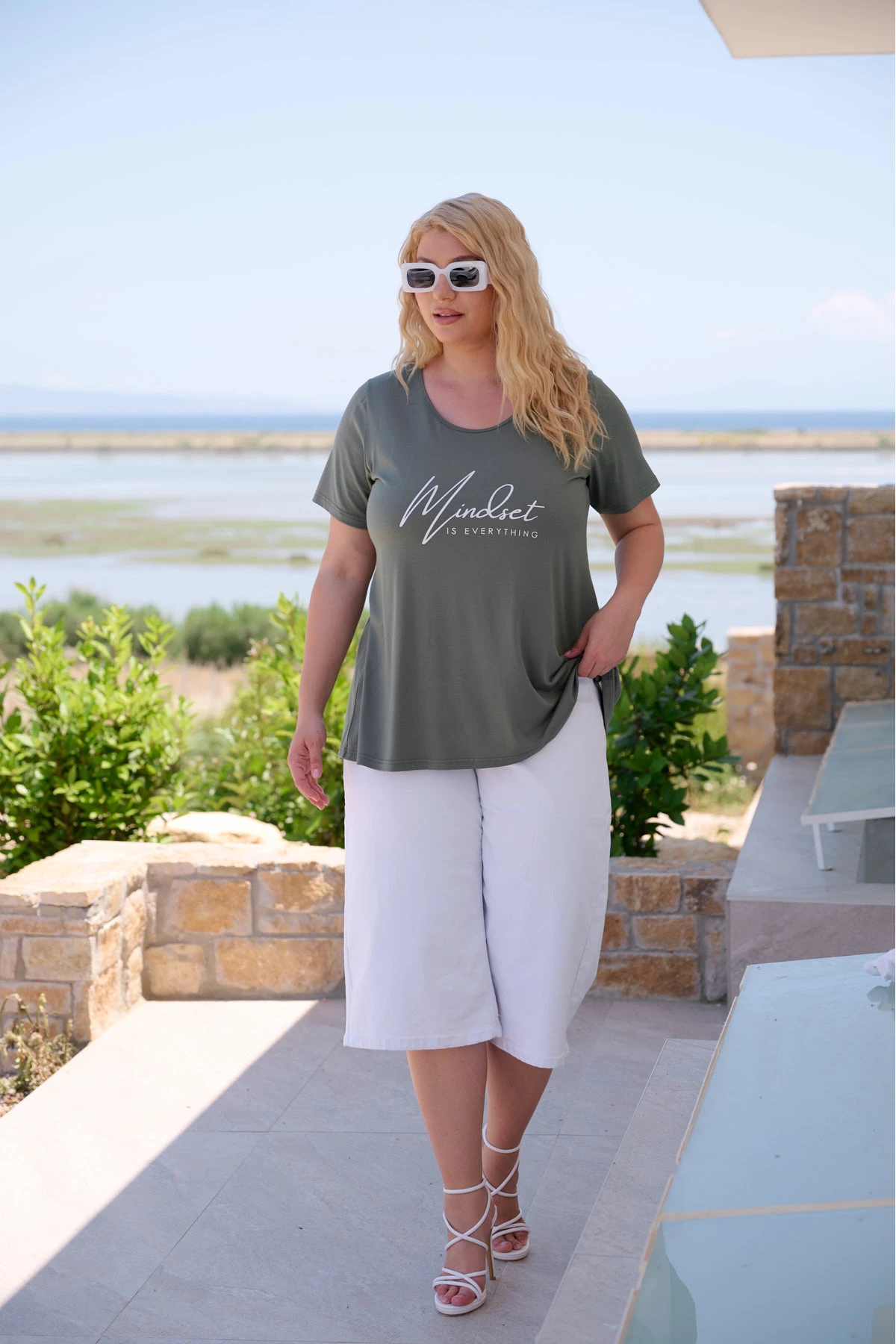 Μπλούζα ελαστική viscose κουφόπιετα με τύπωμα Mindset χακί