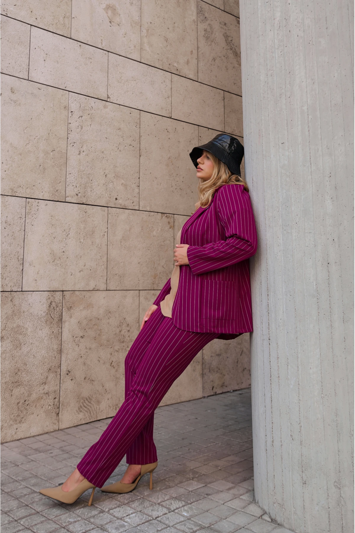 Παντελονοκολάν ριγέ σε ελαστικό punto di roma βιολετί Παντελονοκολάν ριγέ σε ελαστικό punto di roma βιολετί