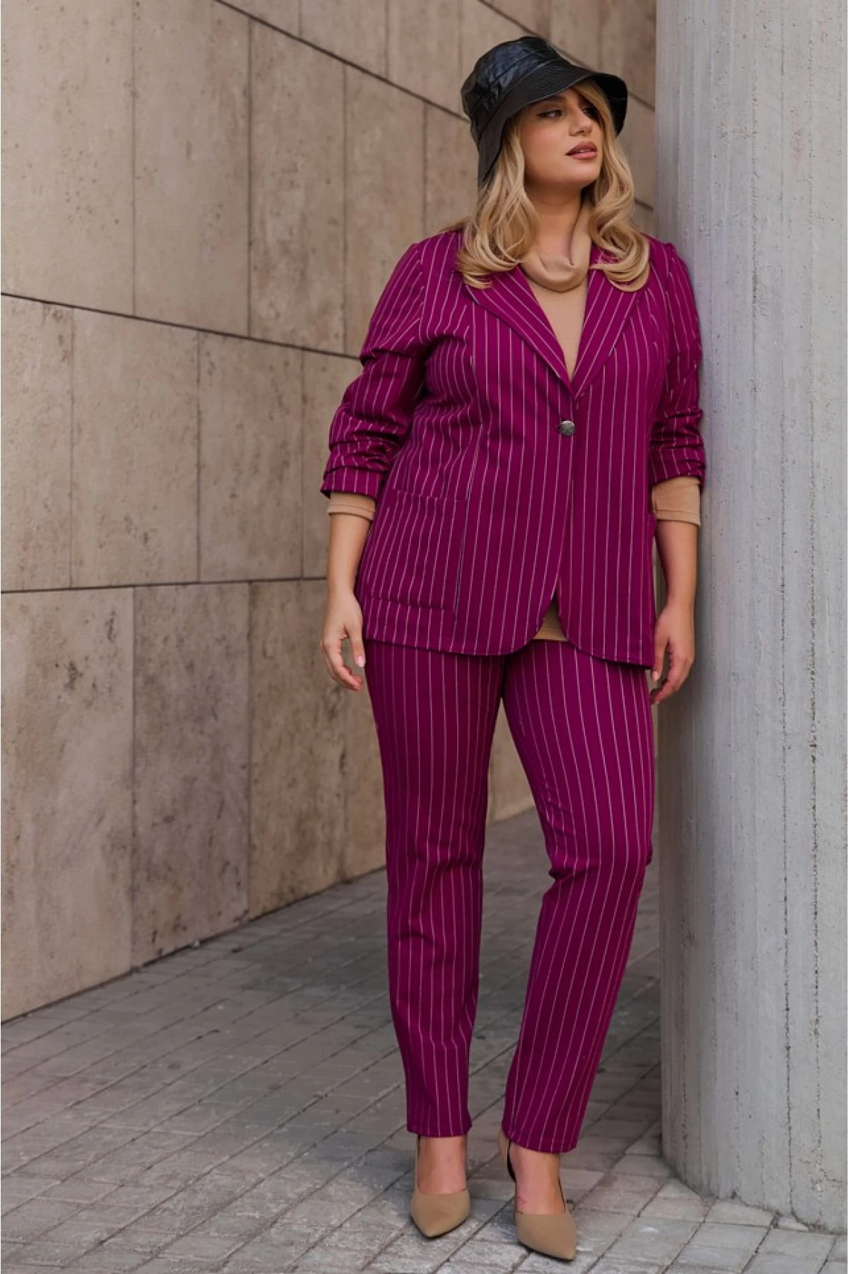 Παντελονοκολάν ριγέ σε ελαστικό punto di roma βιολετί Παντελονοκολάν ριγέ σε ελαστικό punto di roma βιολετί