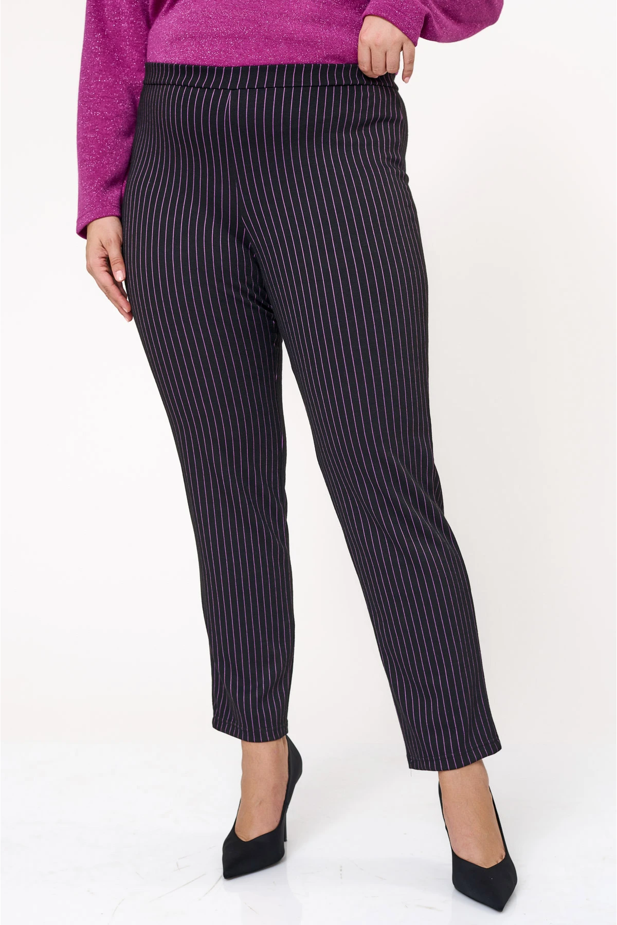 Παντελονοκολάν ριγέ σε ελαστικό punto di roma μαύρο με βιολετί ρίγα Παντελονοκολάν ριγέ σε ελαστικό punto di roma μαύρο με βιολετί ρίγα