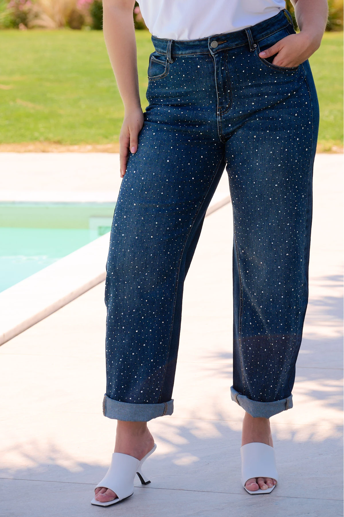 Jean παντελόνι barel με στρας ελαστικό denim