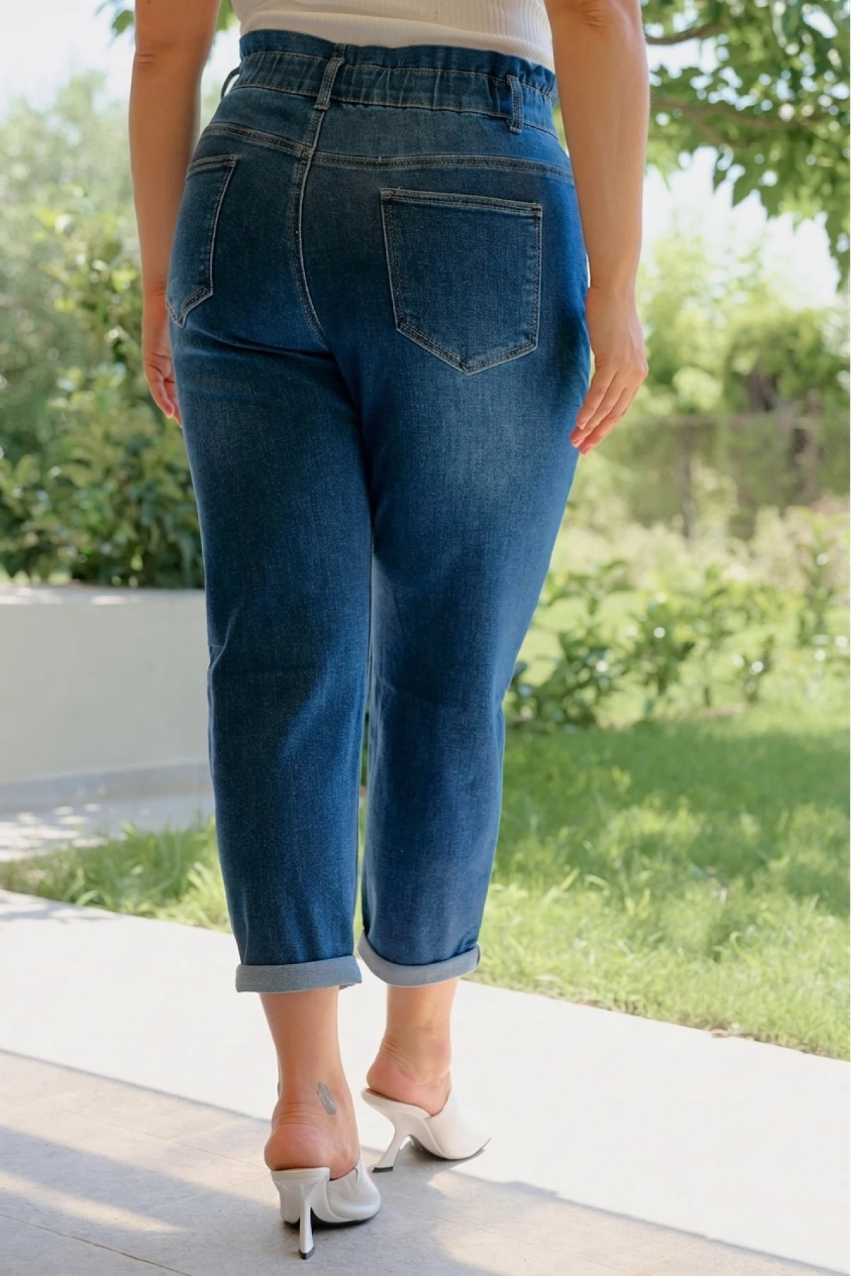 Jean παντελόνι mom fit ελαστικό με λάστιχο στη μέση μπλε