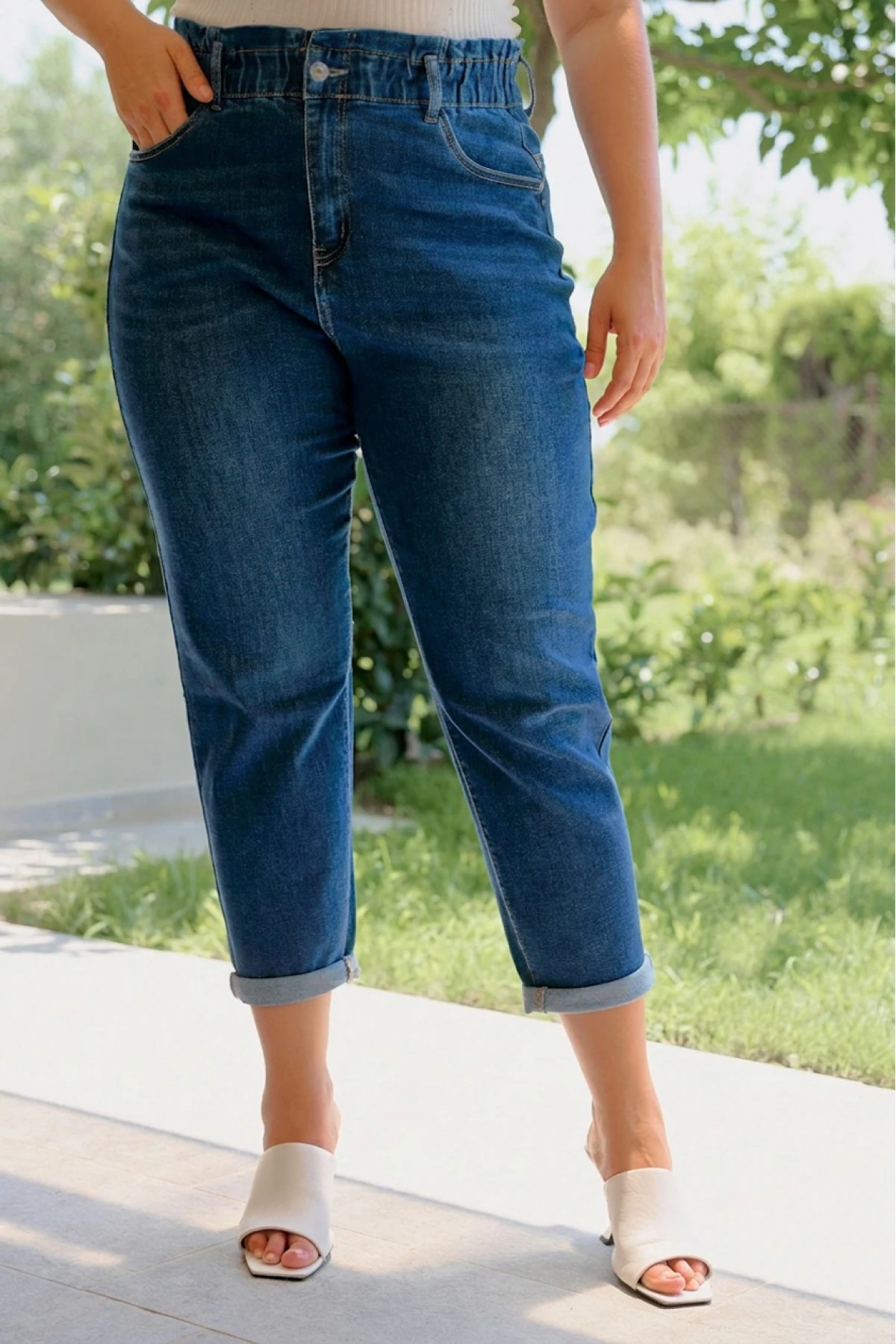 Jean παντελόνι mom fit ελαστικό με λάστιχο στη μέση μπλε