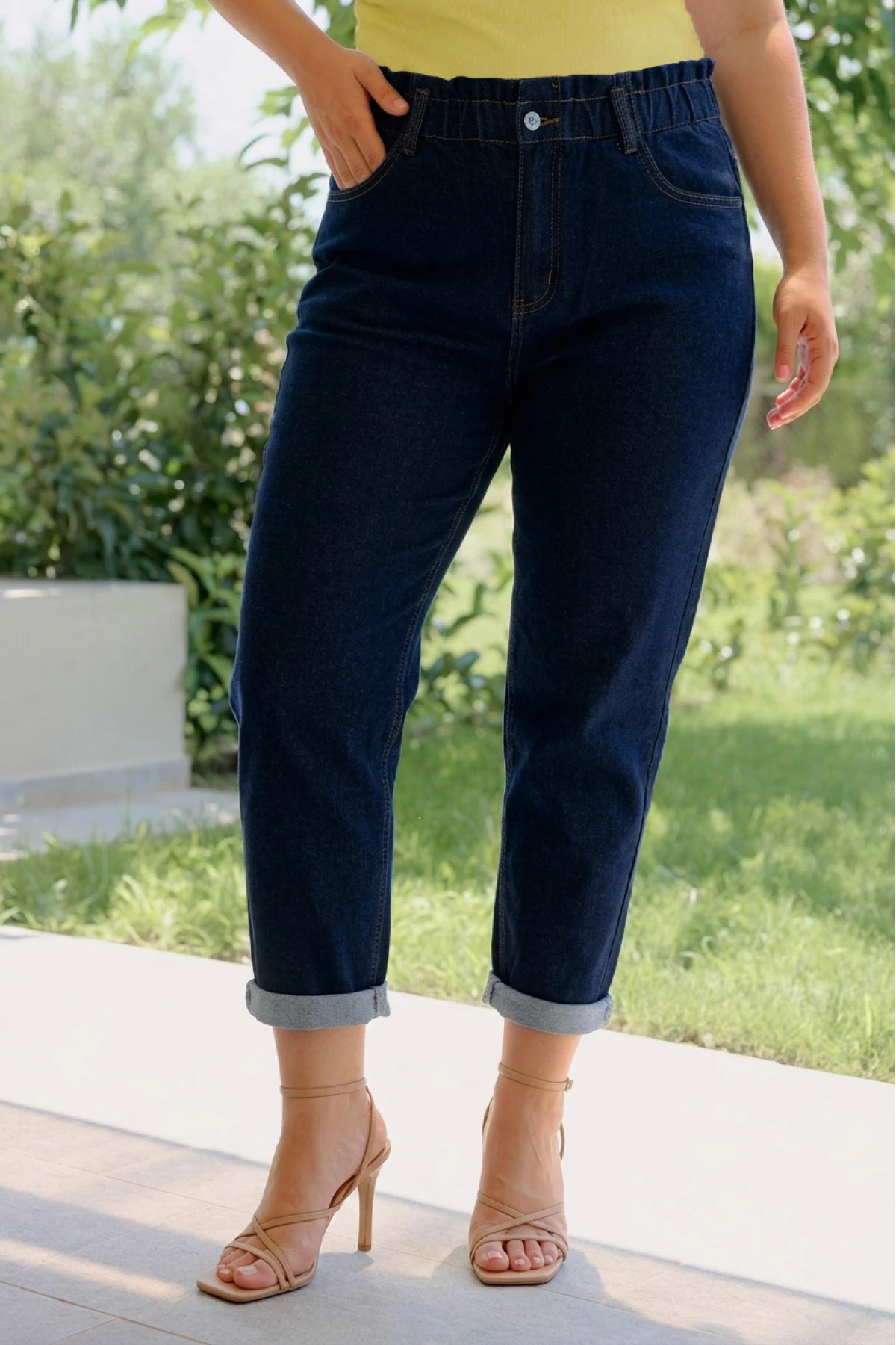 Jean παντελόνι mom fit ελαστικό με λάστιχο στη μέση denim