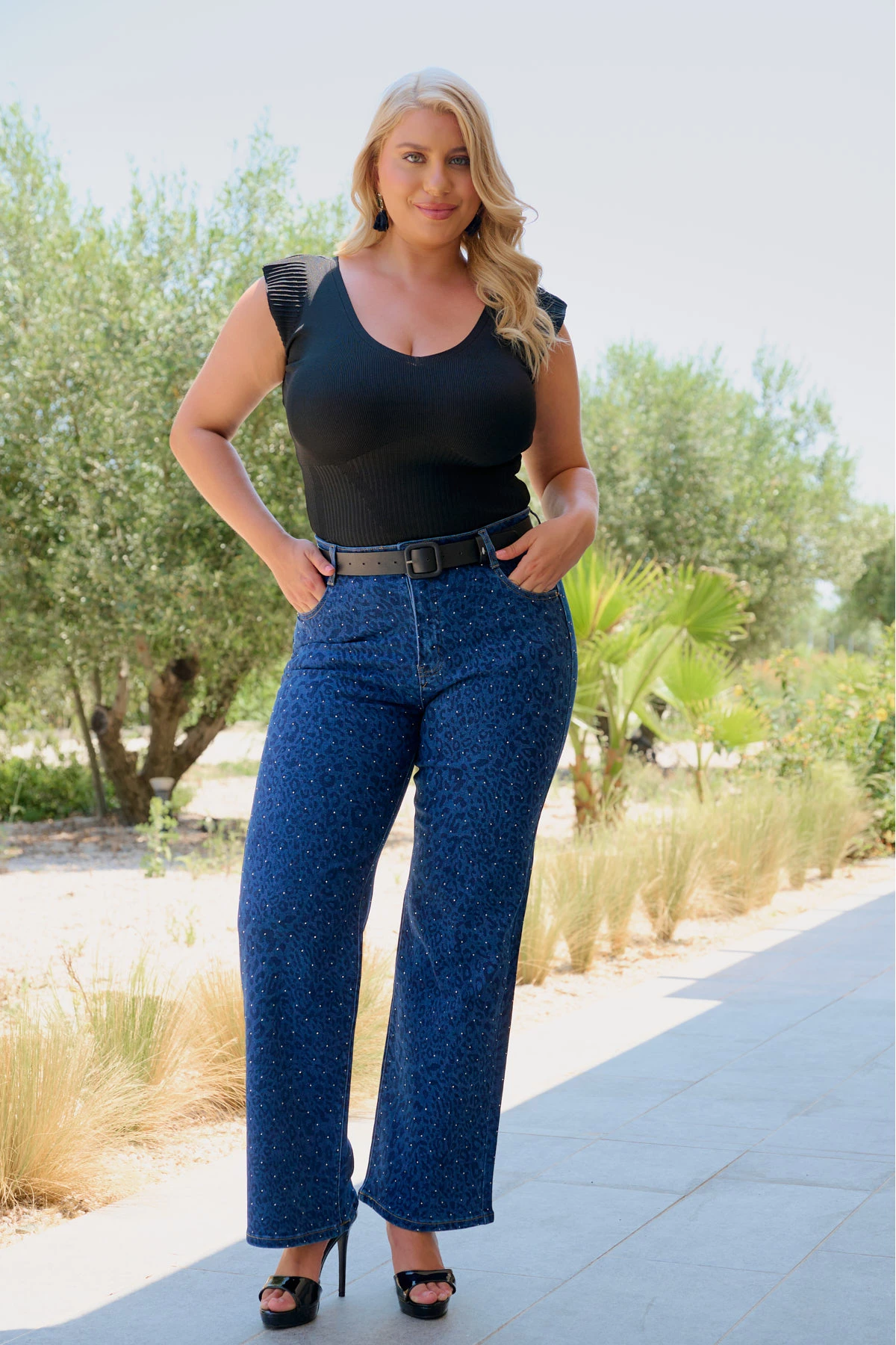 Jean παντελόνι ελαστικό wide leg λεοπάρ στρας