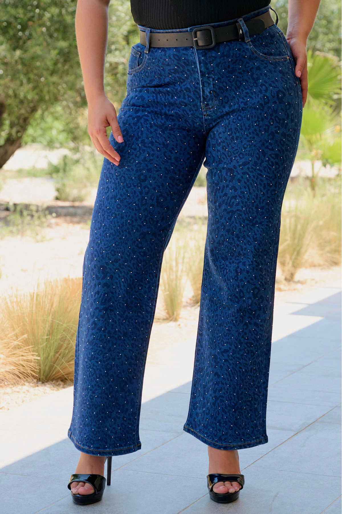 Jean παντελόνι ελαστικό wide leg λεοπάρ στρας