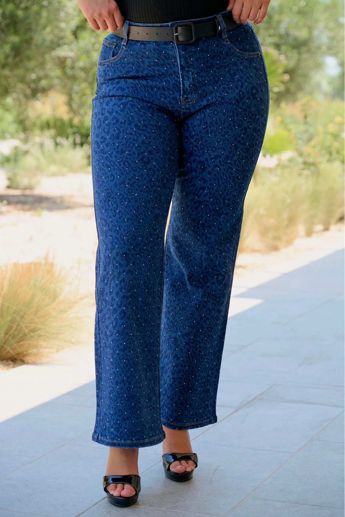 Jean παντελόνι ελαστικό wide leg λεοπάρ στρας