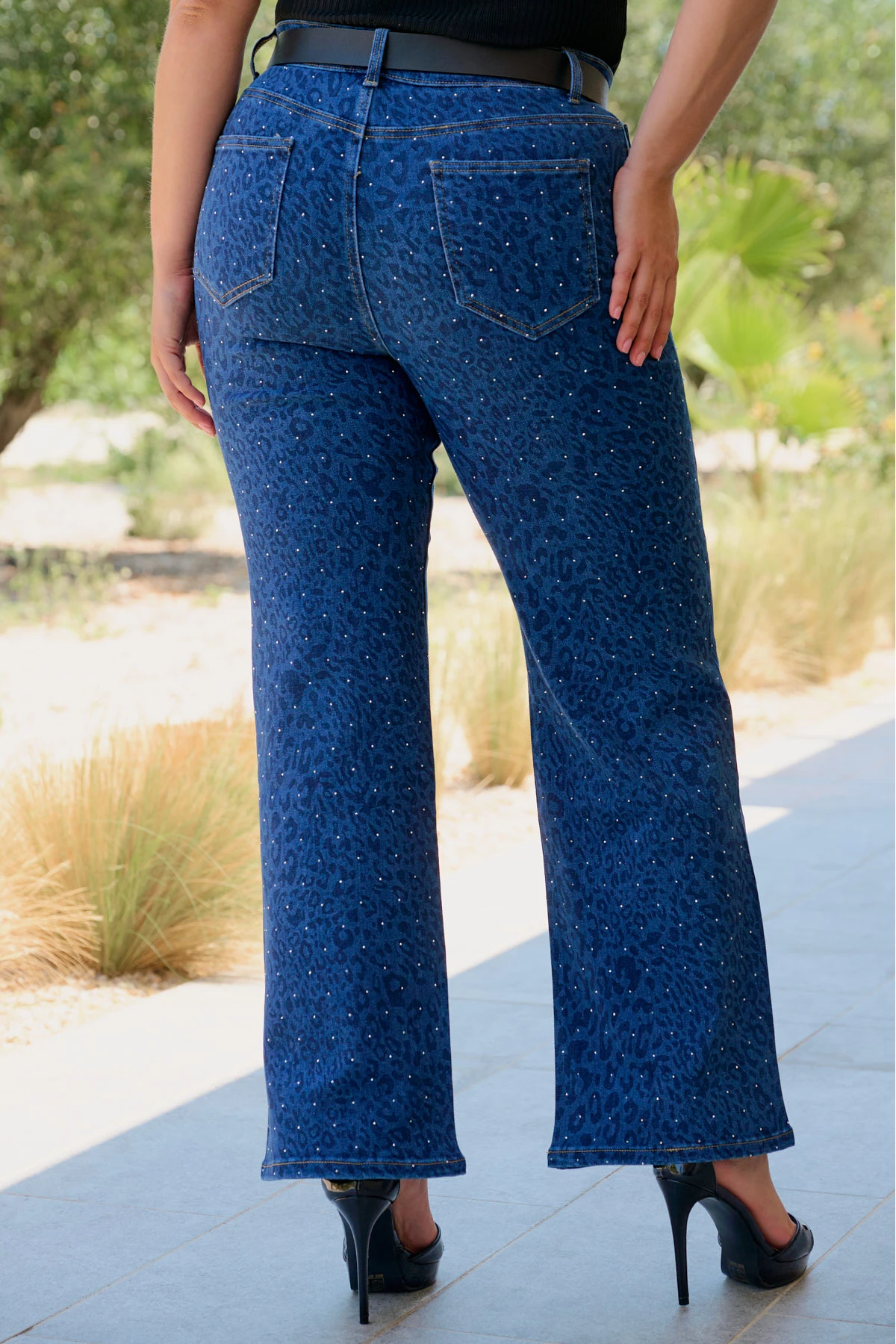Jean παντελόνι ελαστικό wide leg λεοπάρ στρας