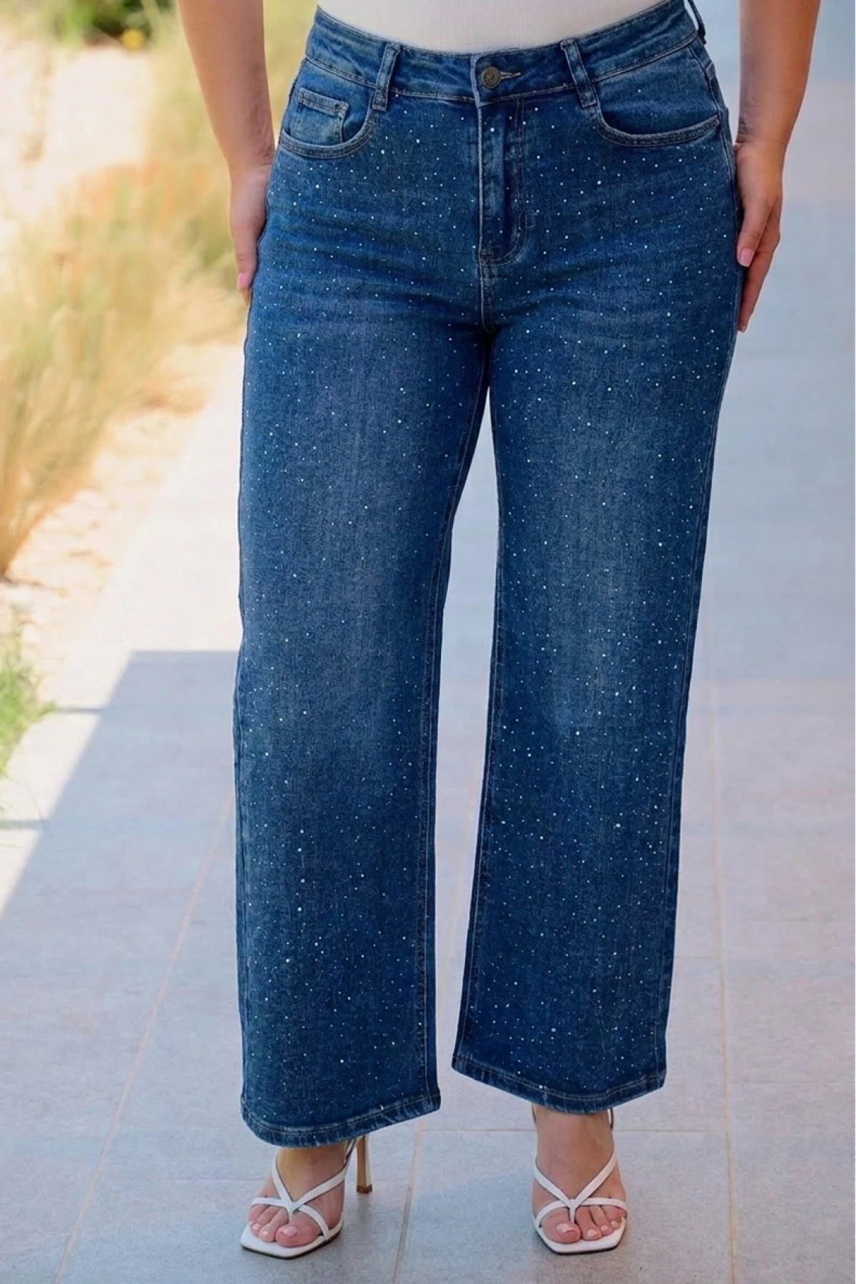 Jean παντελόνι ελαστικό wide leg στρας μπλε