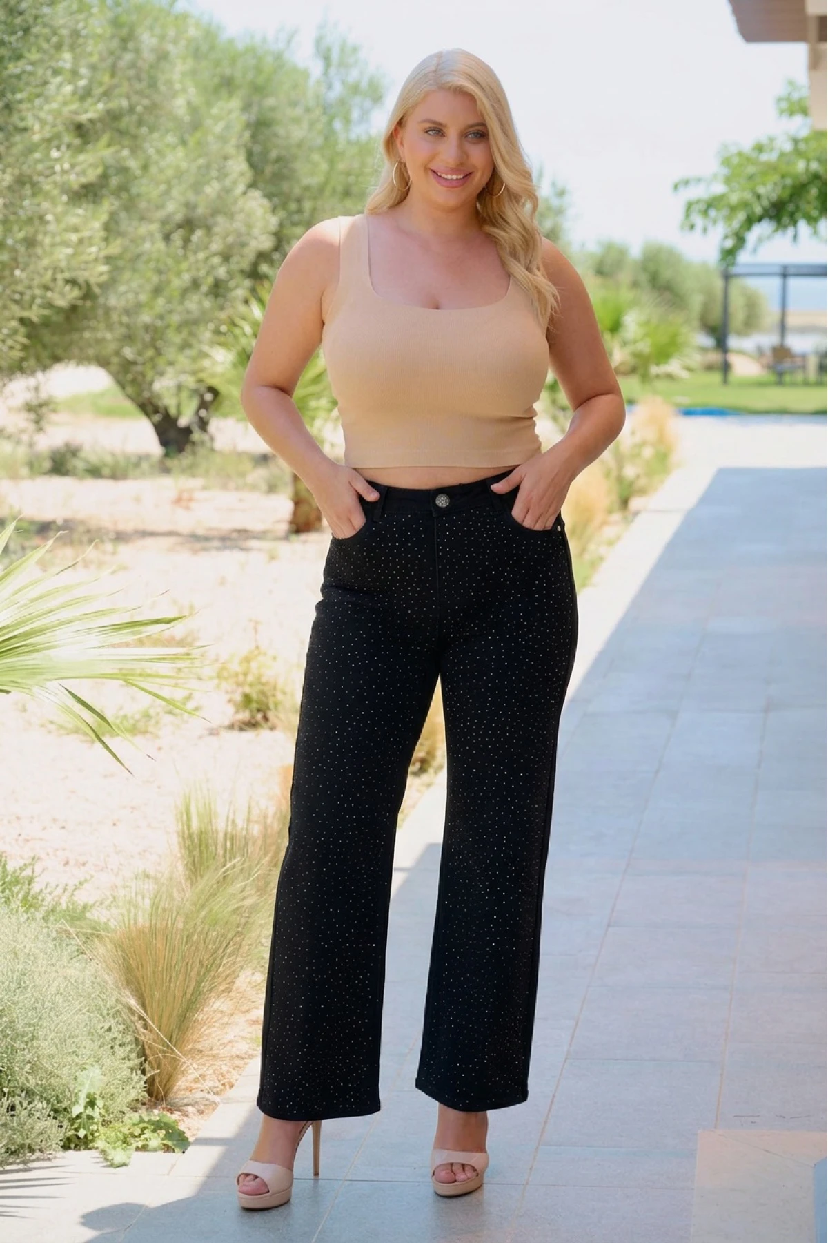 Jean παντελόνι ελαστικό wide leg στρας μαύρο