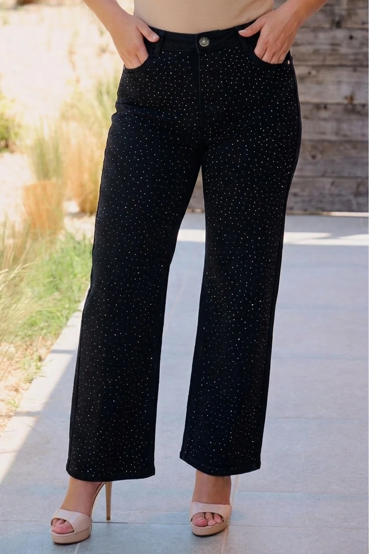 Jean παντελόνι ελαστικό wide leg στρας μαύρο