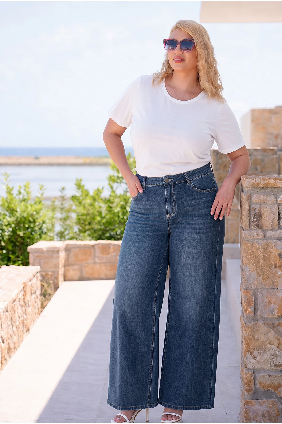 Jean παντελόνι ελαστικό wide leg σκούρο μπλε