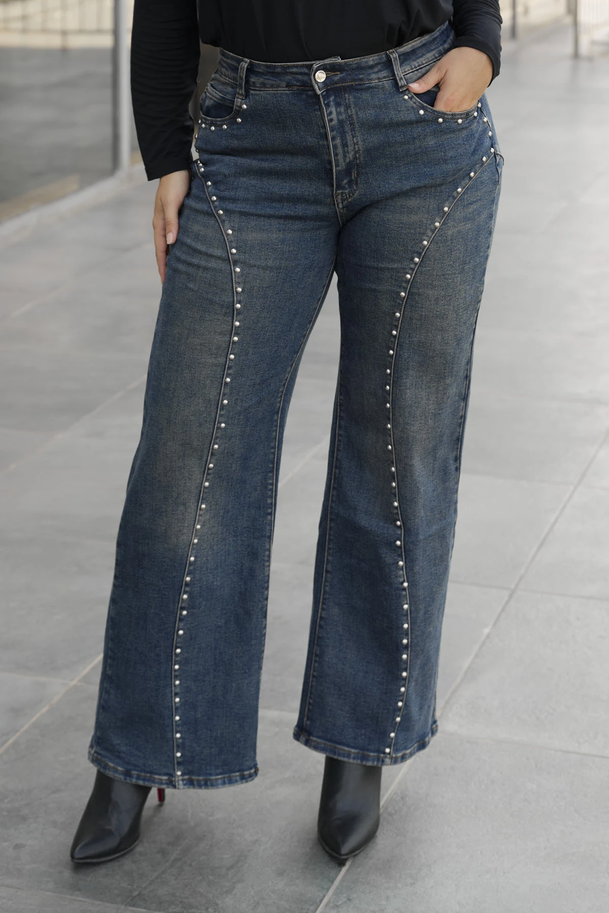 Jean παντελόνι ελαστικό wide leg με τρουκς μπλε