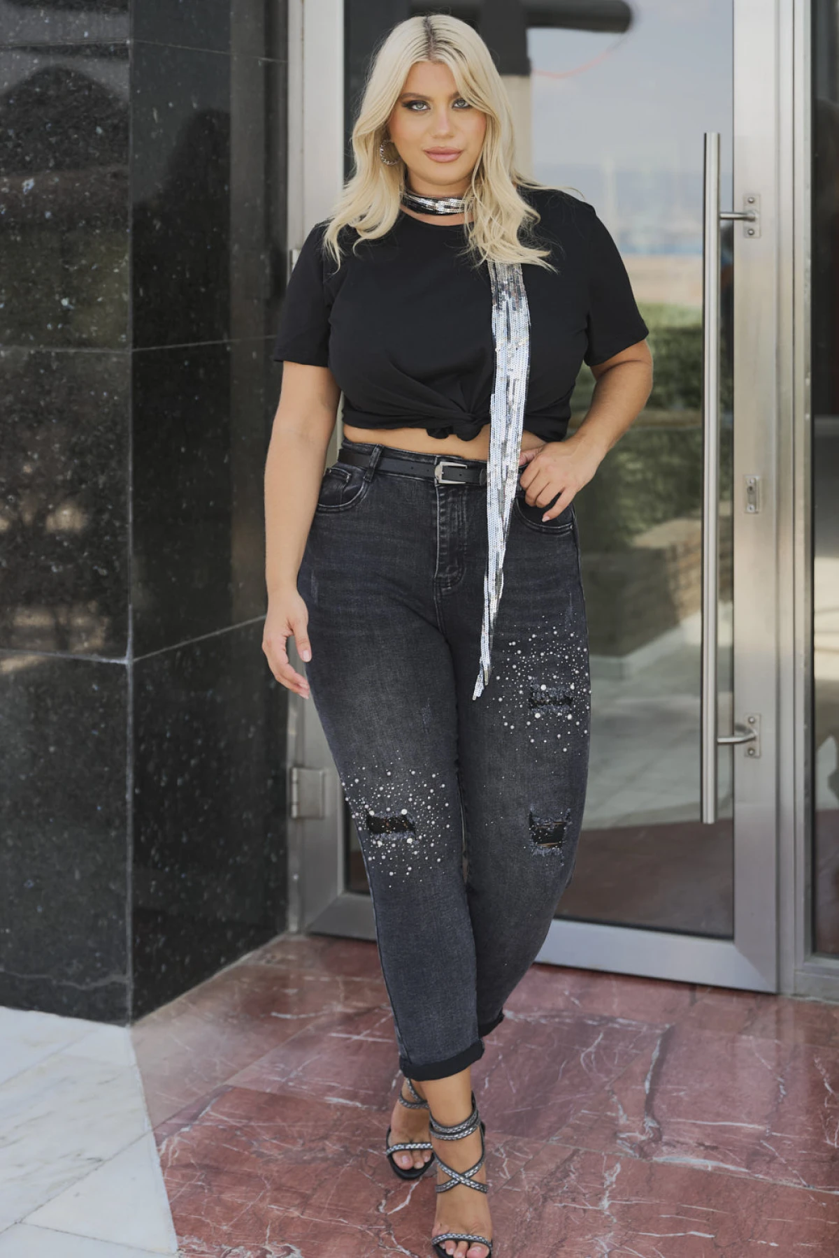 Jean παντελόνι ελαστικό mom fit σχισίματα μαργαριτάρια σκούρο γκρι