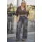 Jean παντελόνι wide leg  με velvet ύφανση φύλλα καφέ