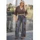 Jean παντελόνι wide leg  με velvet ύφανση φύλλα καφέ