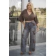 Jean παντελόνι wide leg  με velvet ύφανση φύλλα καφέ