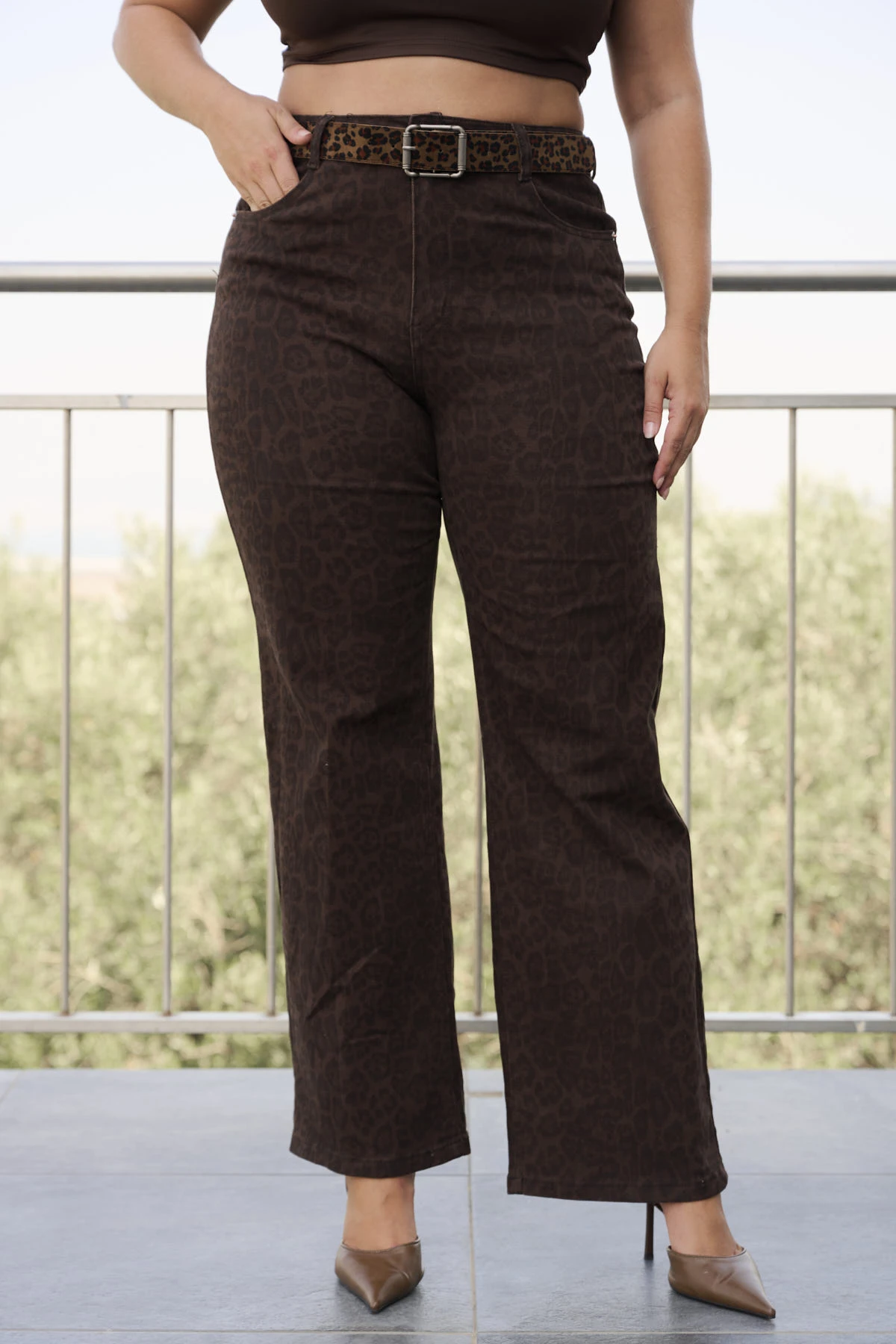 Jean παντελόνι ελαστικό wide leg λεοπάρ καφέ