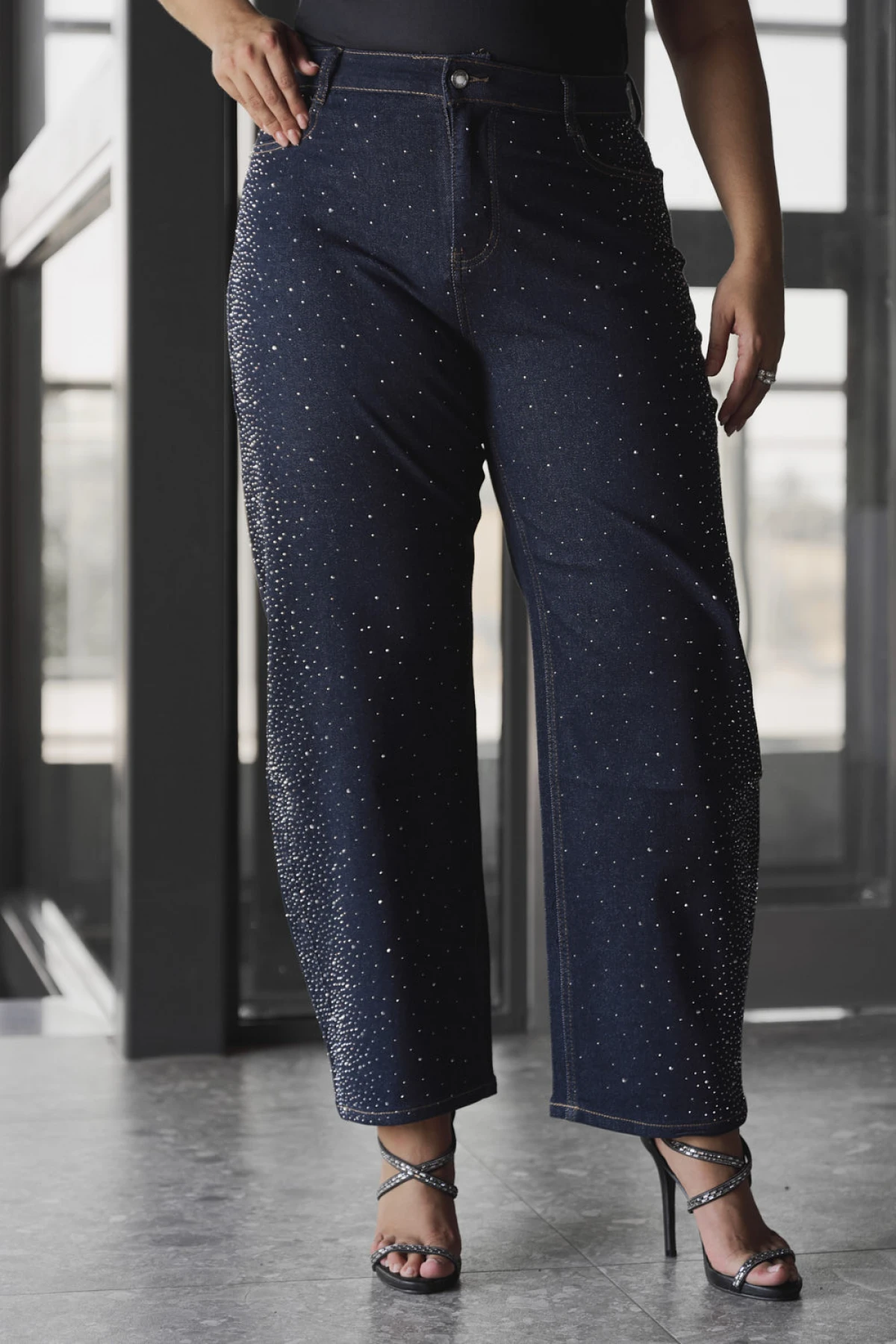 Jean παντελόνι ελαστικό barel με στρας denim