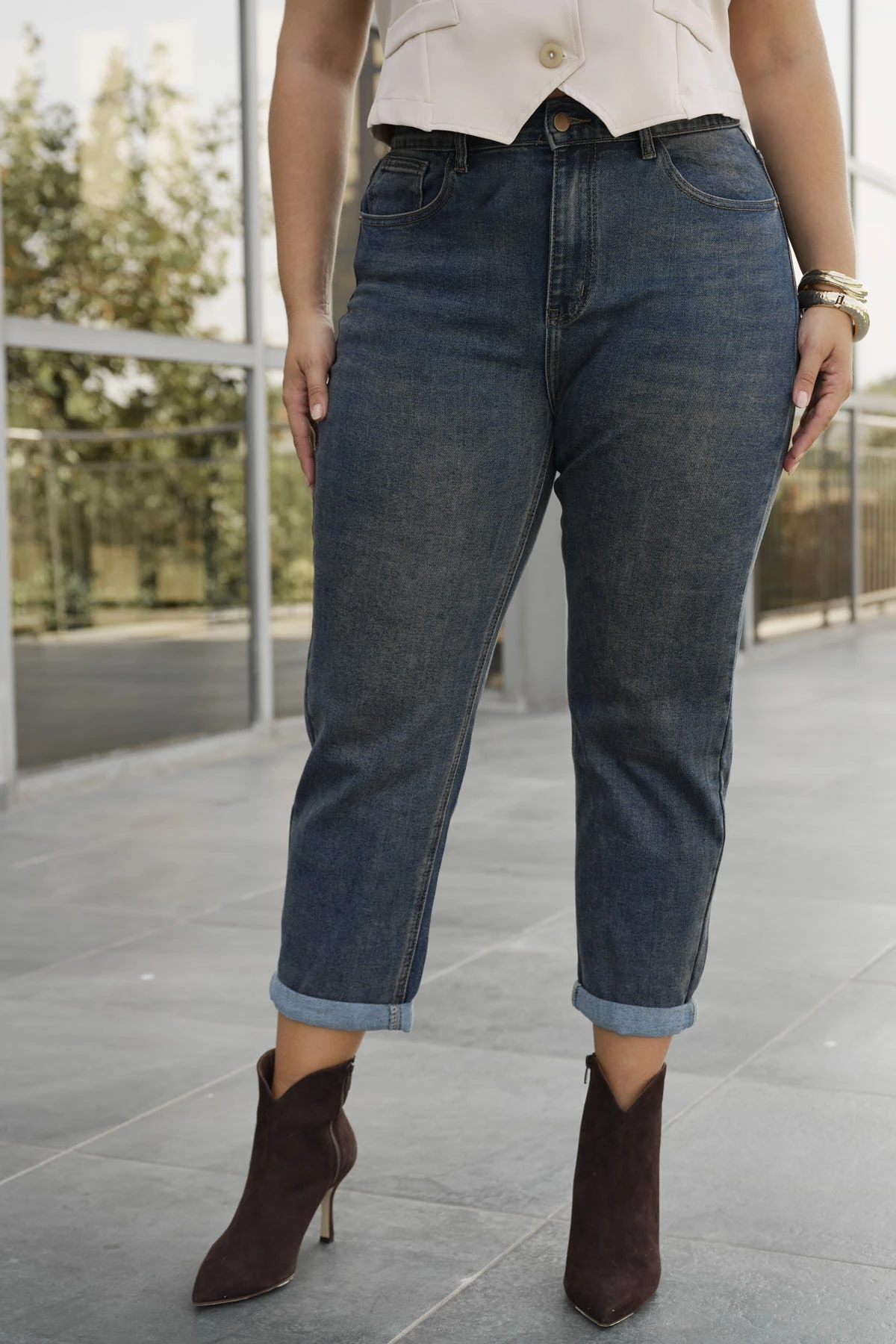 Jean παντελόνι mom fit ελαστικό με λάστιχο πίσω μπλε