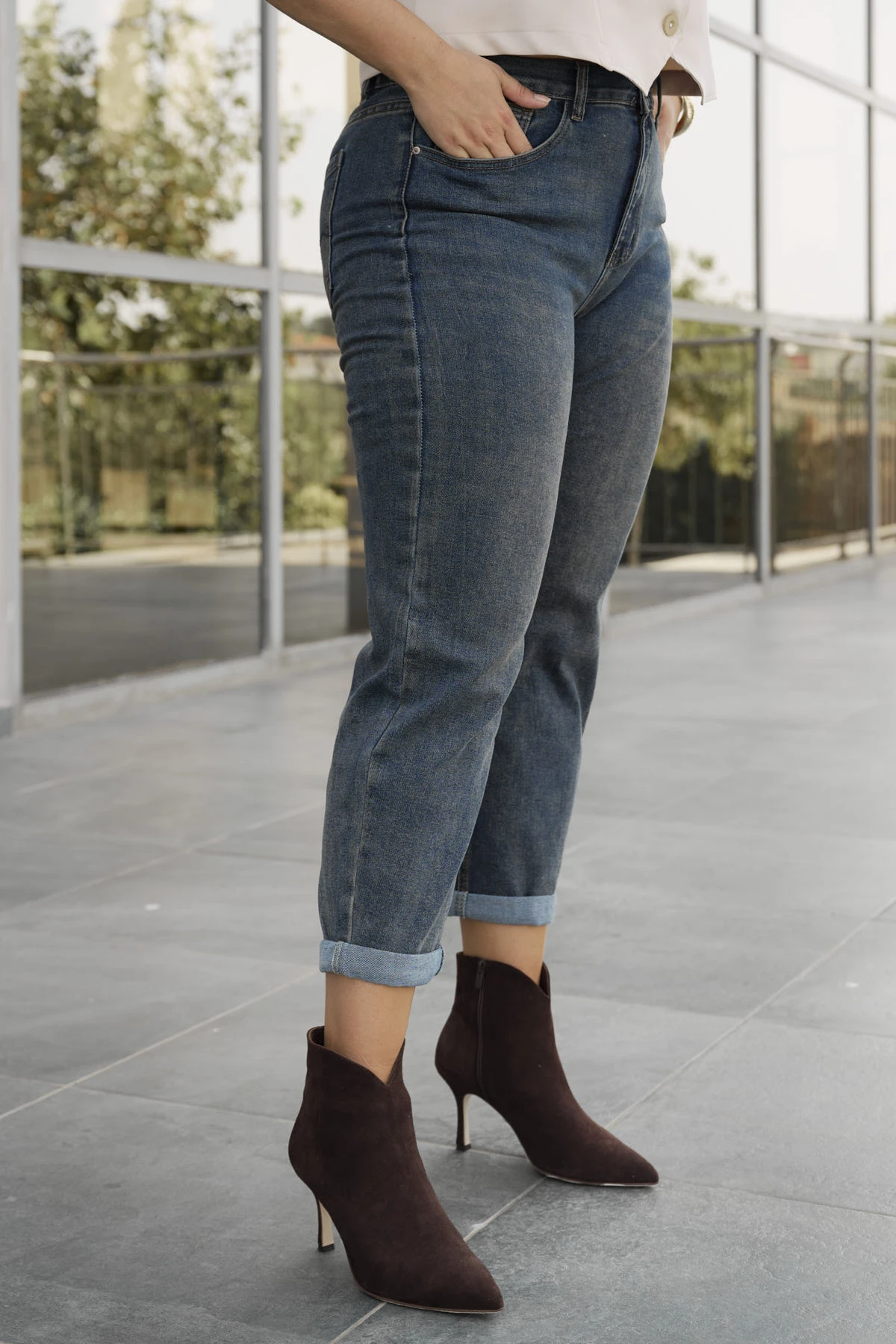 Jean παντελόνι mom fit ελαστικό με λάστιχο πίσω μπλε