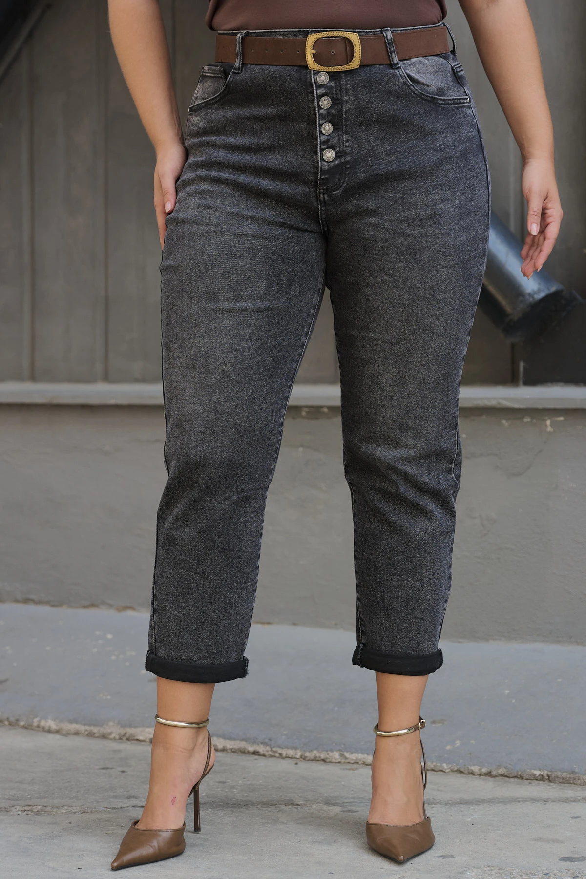 Jean παντελόνι ελαστικό mom fit εξωτερικά κουμπιά σκούρο γκρι