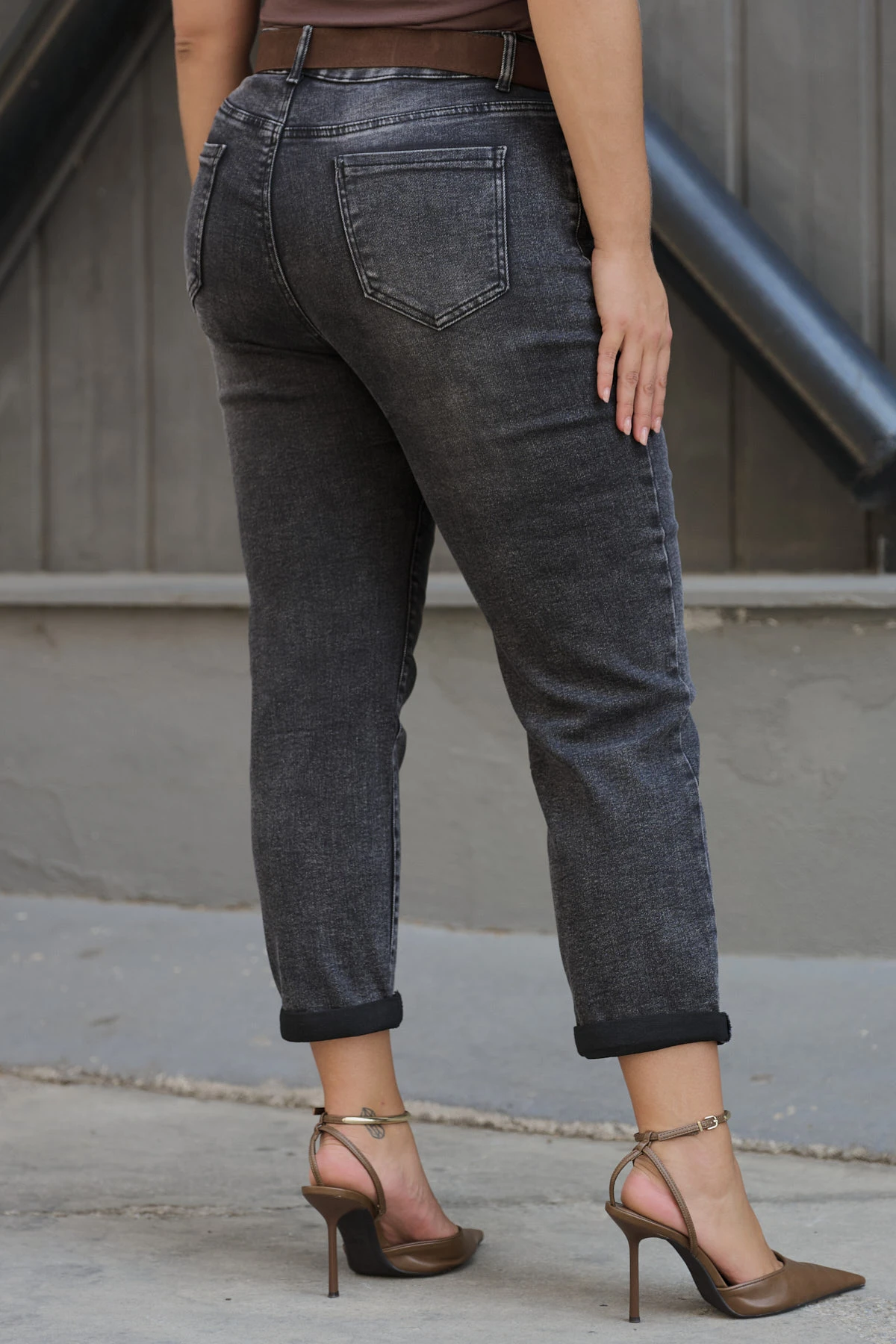 Jean παντελόνι ελαστικό mom fit εξωτερικά κουμπιά σκούρο γκρι